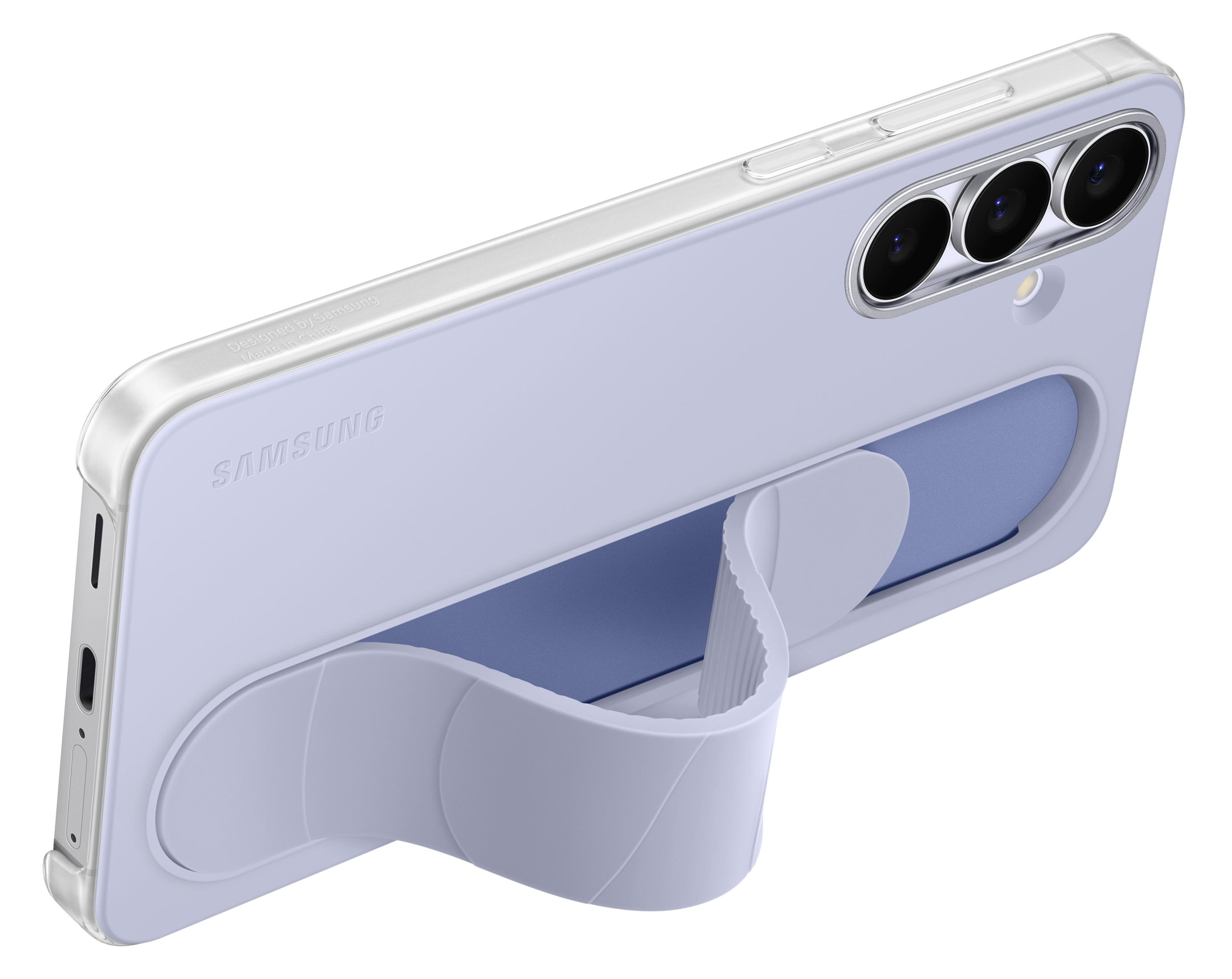 Un teléfono Samsung morado con funda transparente y soporte de anillo.