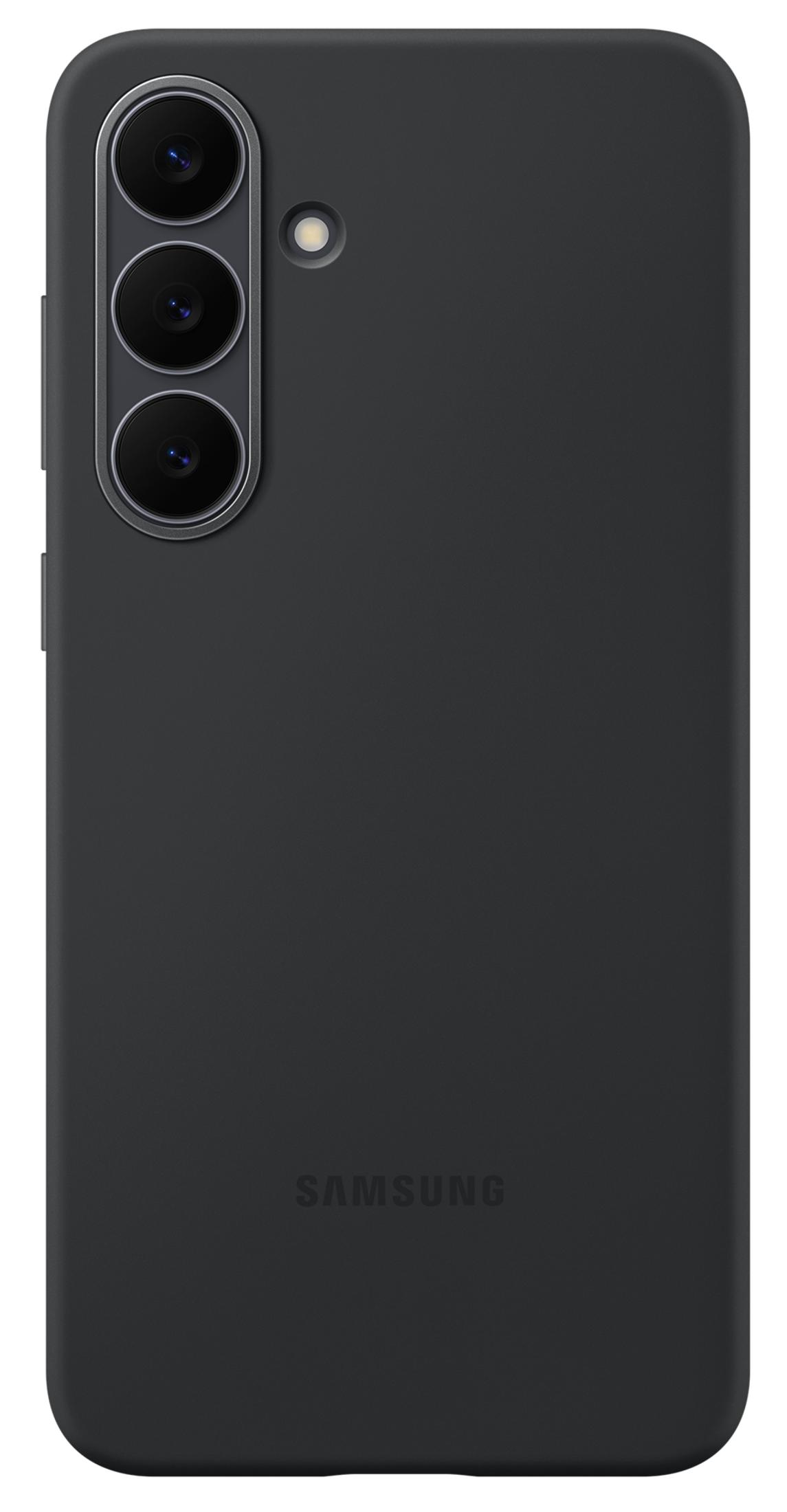 Telefono nero con tre fotocamere e flash.