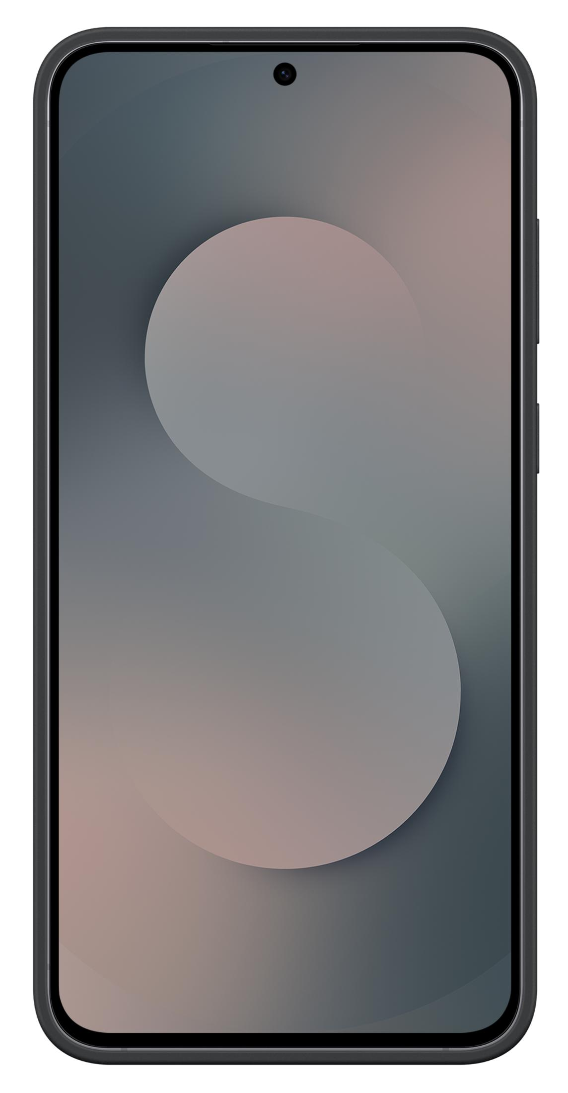 Uno smartphone con cornice scura e motivo di sfondo grigio e rosa.