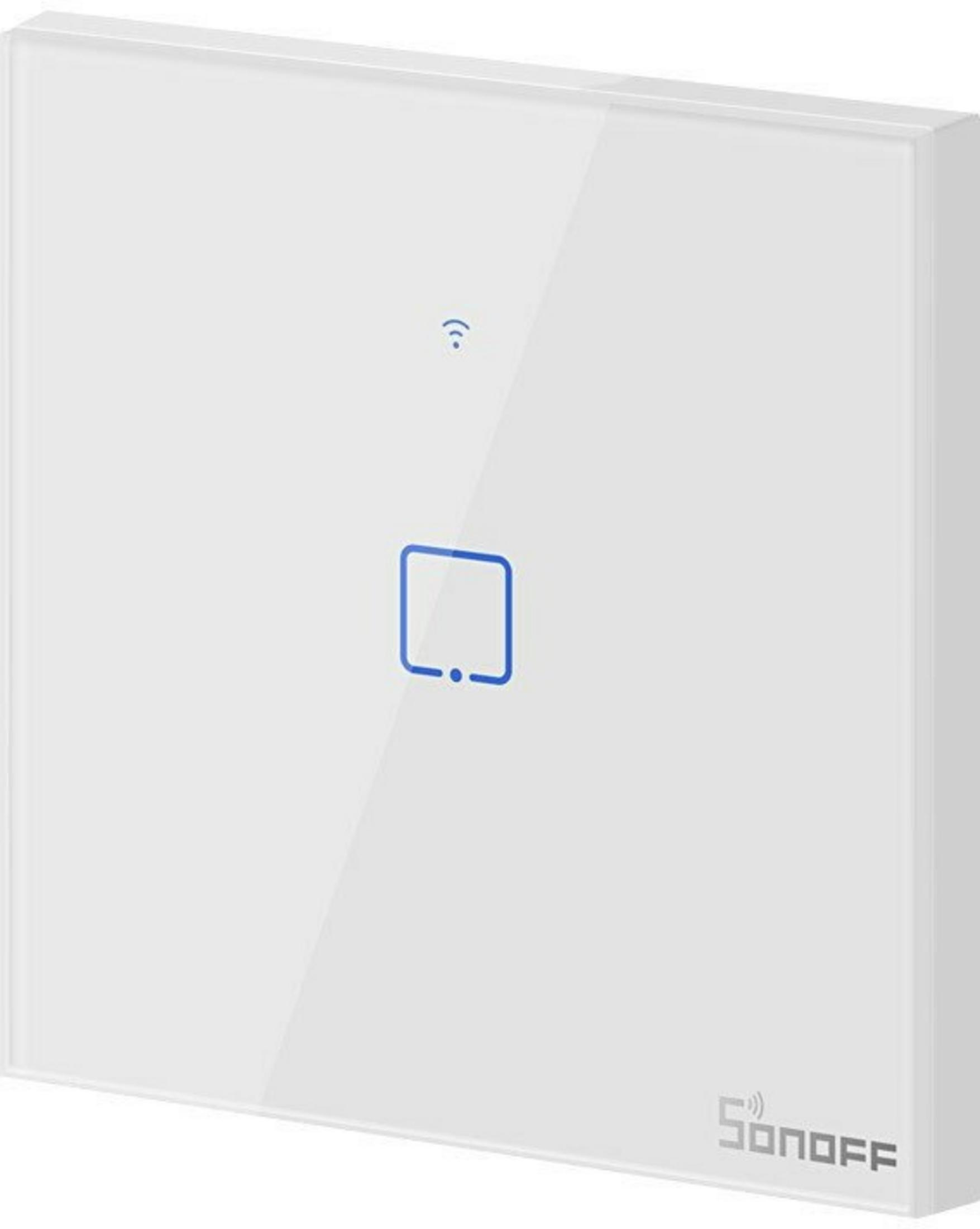 Biały inteligentny przełącznik Sonoff z niebieskim symbolem wifi i kwadratową ikoną.