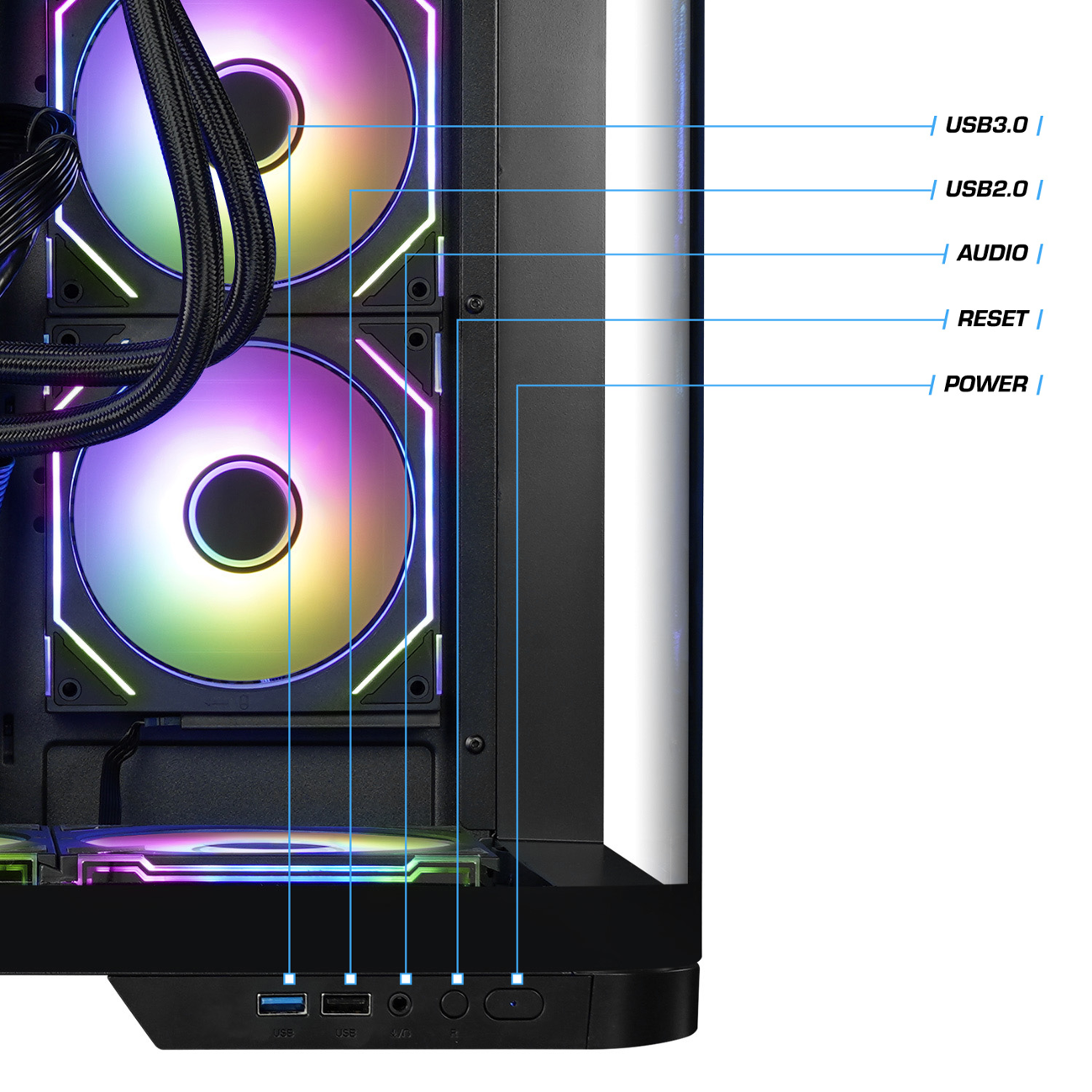 Computergehäuse-Frontplatte mit USB-, Audio-, Reset-, Stromanschlüssen und RGB-Lüftern.