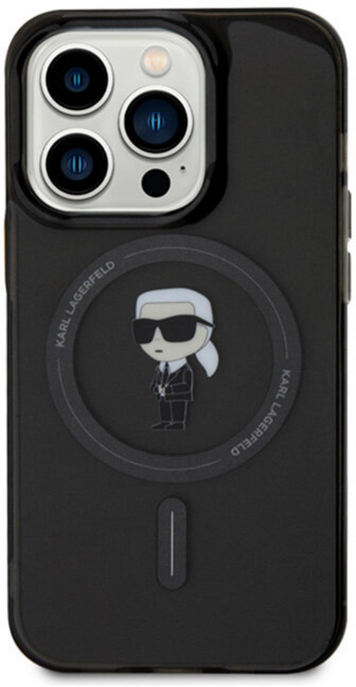 Czarne etui na iPhone z postacią Karla Lagerfelda. Wycięcie na potrójny aparat.