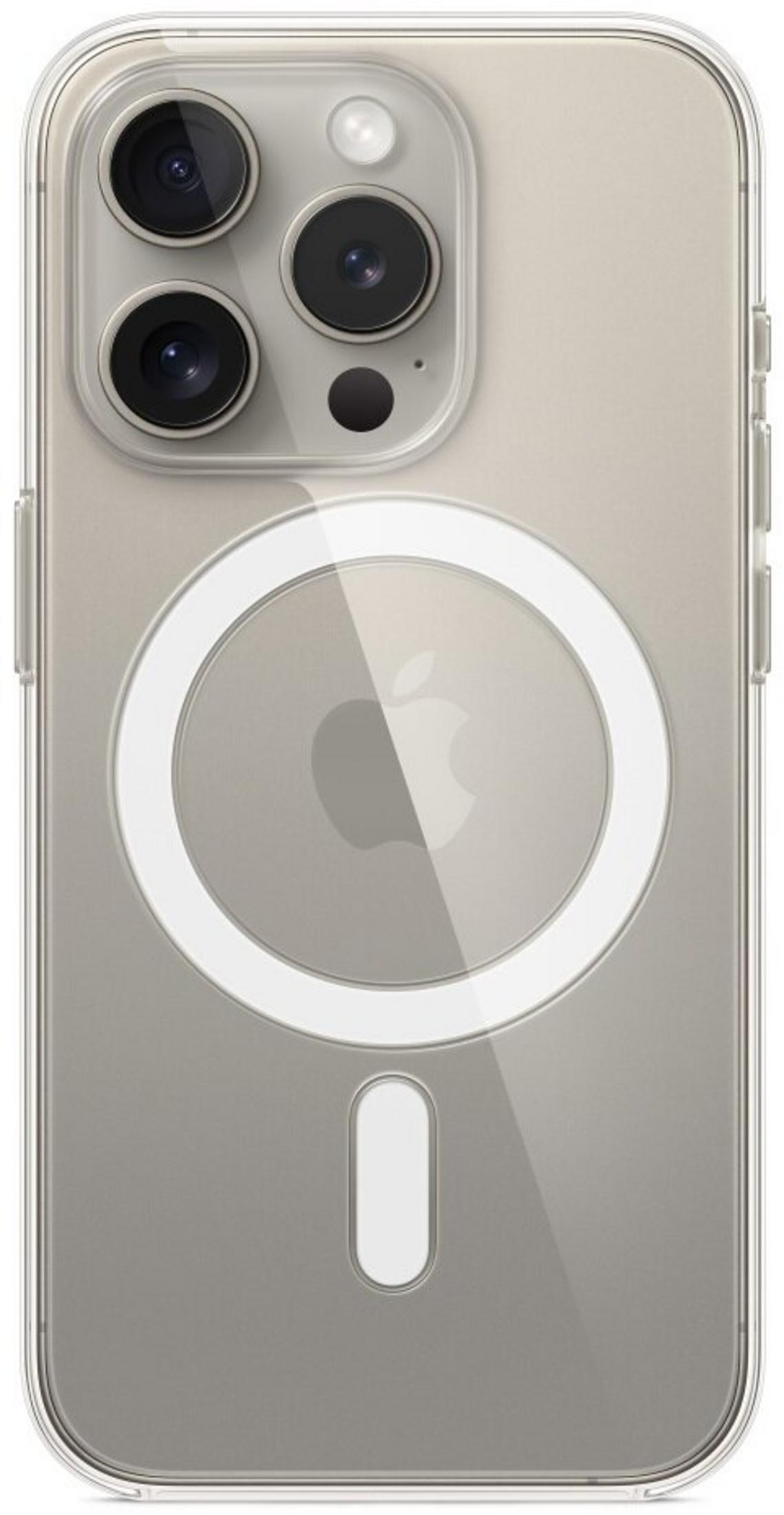 Achterkant van een doorzichtige iPhone-hoes met camera's en Apple-logo.