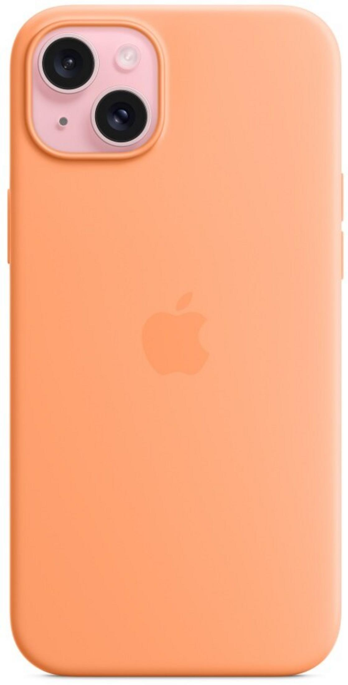 Brzoskwiniowy iPhone z logo Apple i obiektywami aparatu.