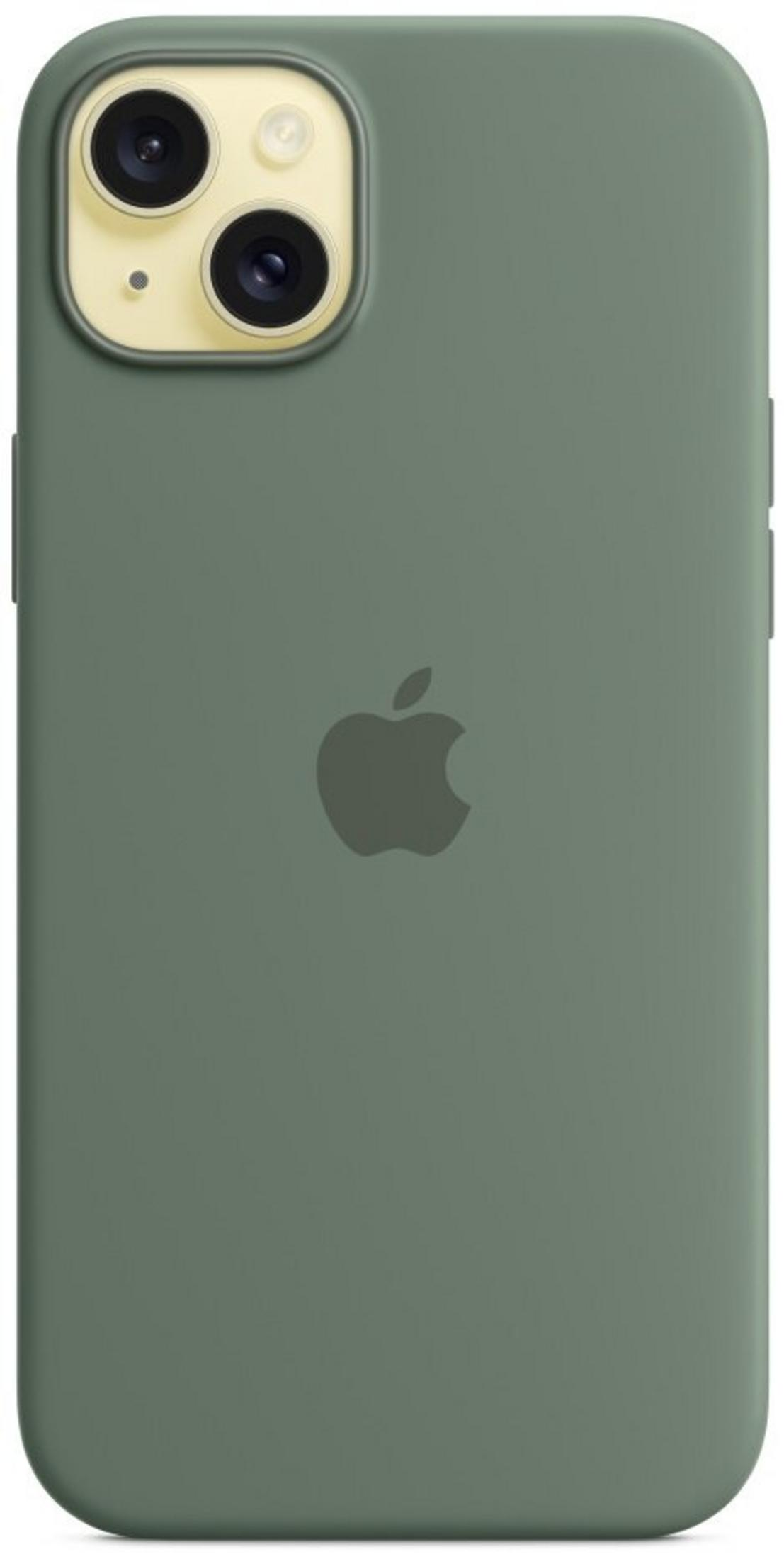 Zielone etui na iPhone z podwójnym aparatem i logo Apple.