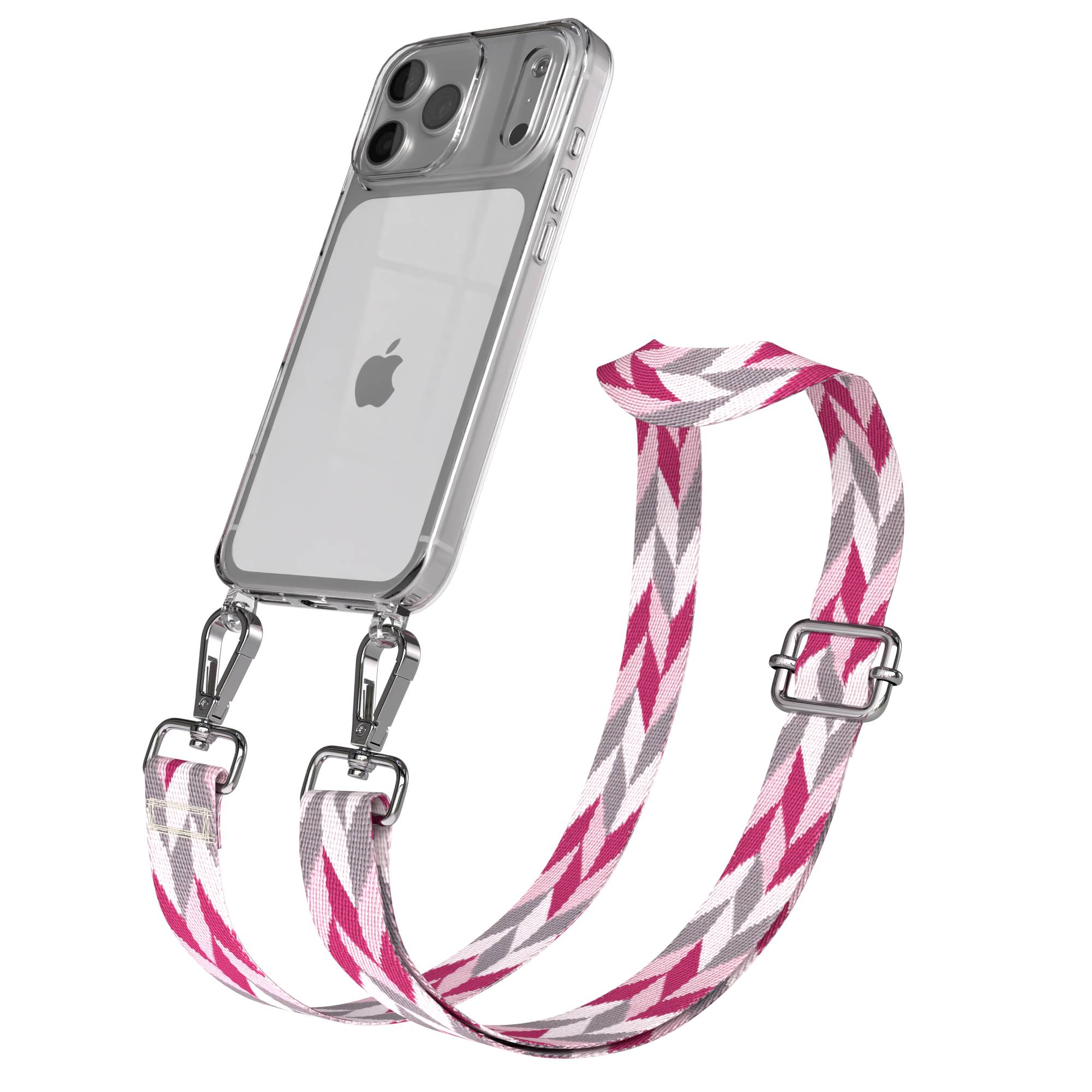 Klarhülle mit pink-grauem Zickzack-Band und silbernen Clips.