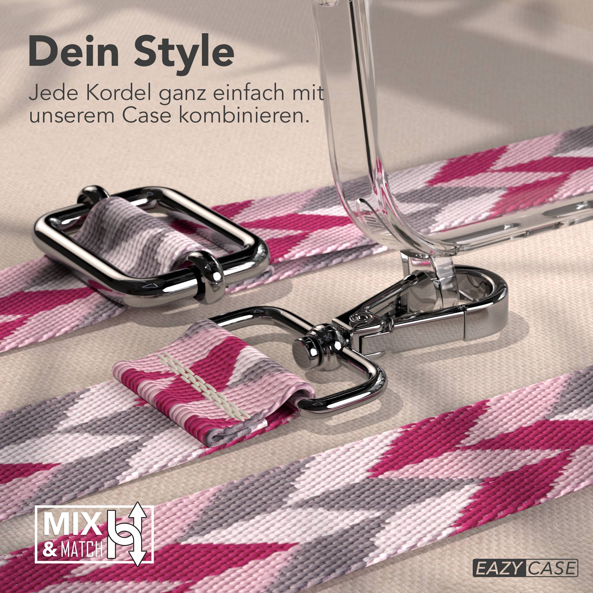 Nahaufnahme eines Bandes mit rosa, grauem und weißem Chevronmuster mit Metallverschlüssen.