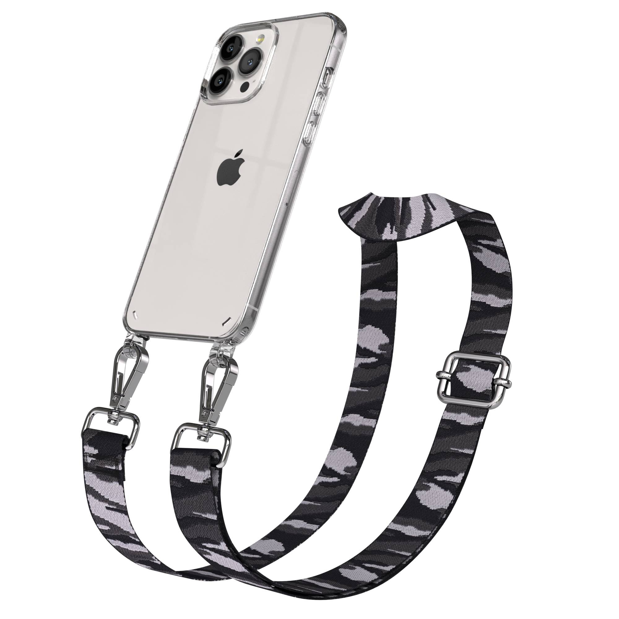 Ein transparentes Handy mit Camouflage-Tragegurt.
