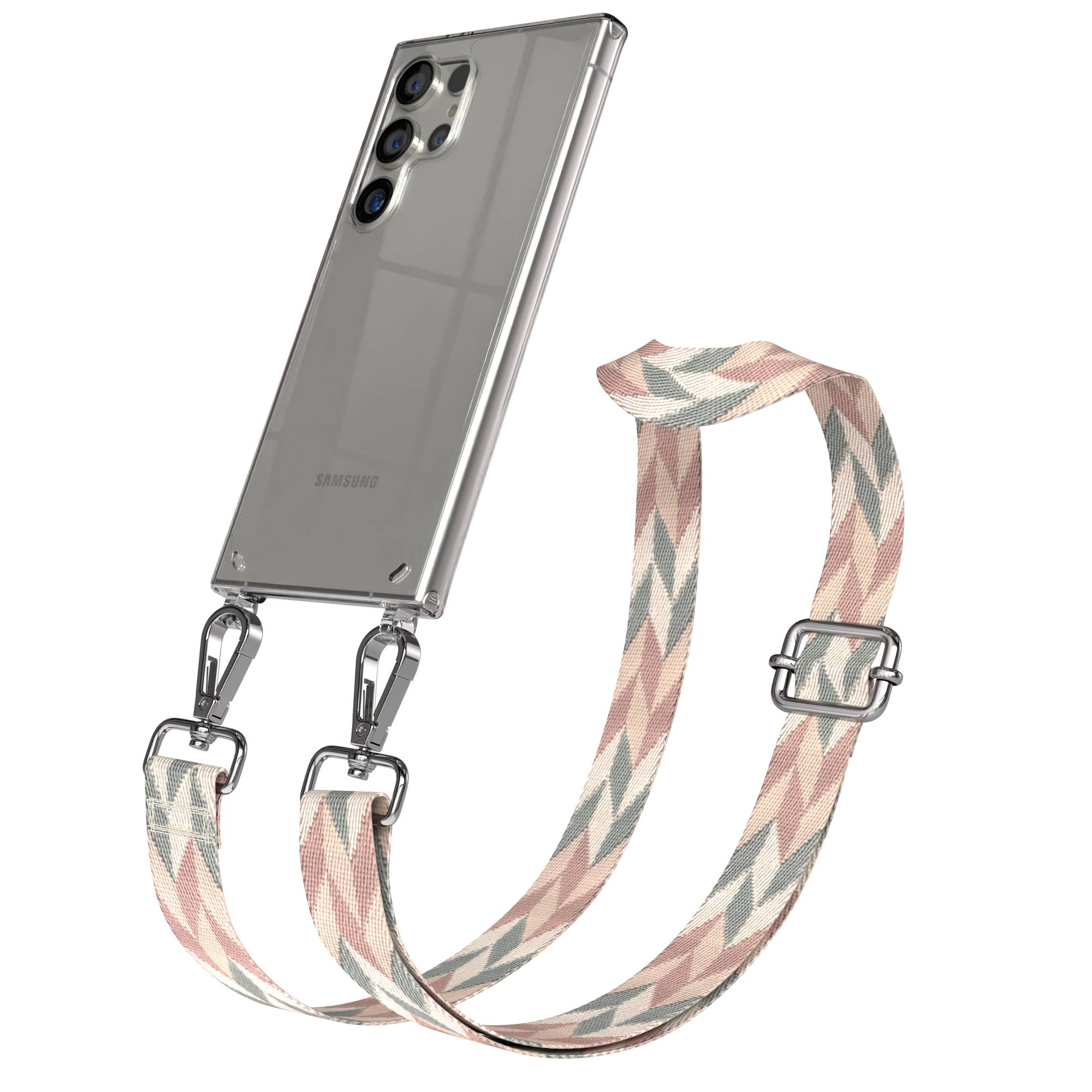 Ein silbernes Smartphone mit einer gemusterten Kordel, die an den Ecken befestigt ist.