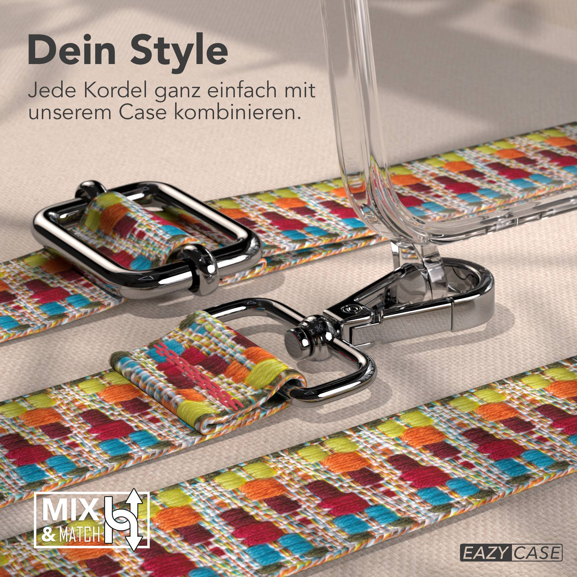 Bunte gemusterte Kordel mit silbernen Metallclips und einem durchsichtigen Handyhülle-Element.