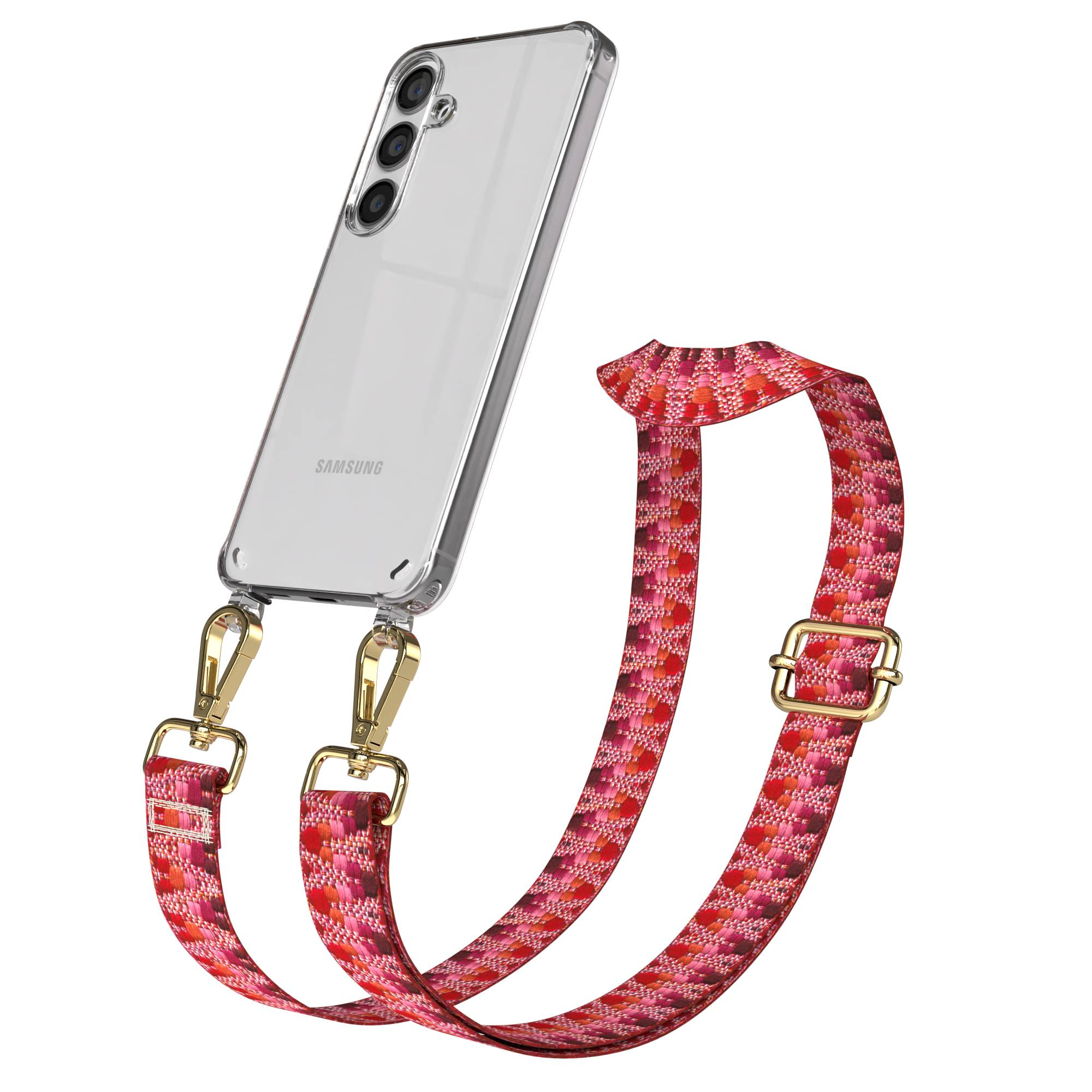 Eine durchsichtige Handyhülle mit einem bunten rot-pink gemusterten Riemen.