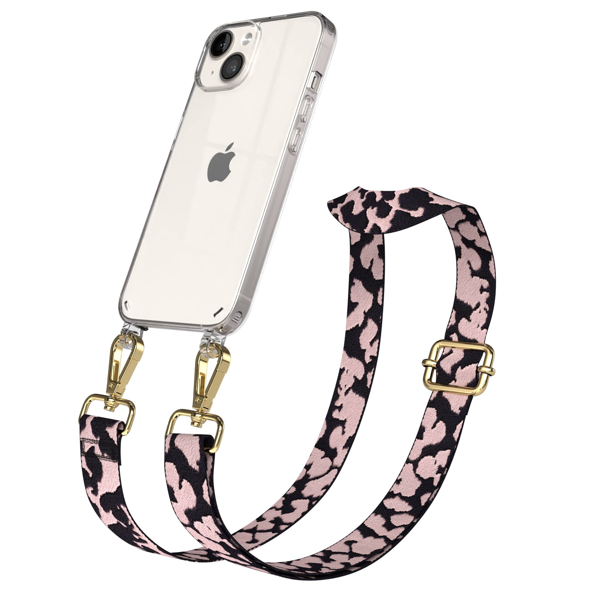 Ein transparentes iPhone mit einem Leopardenmuster-Riemen.