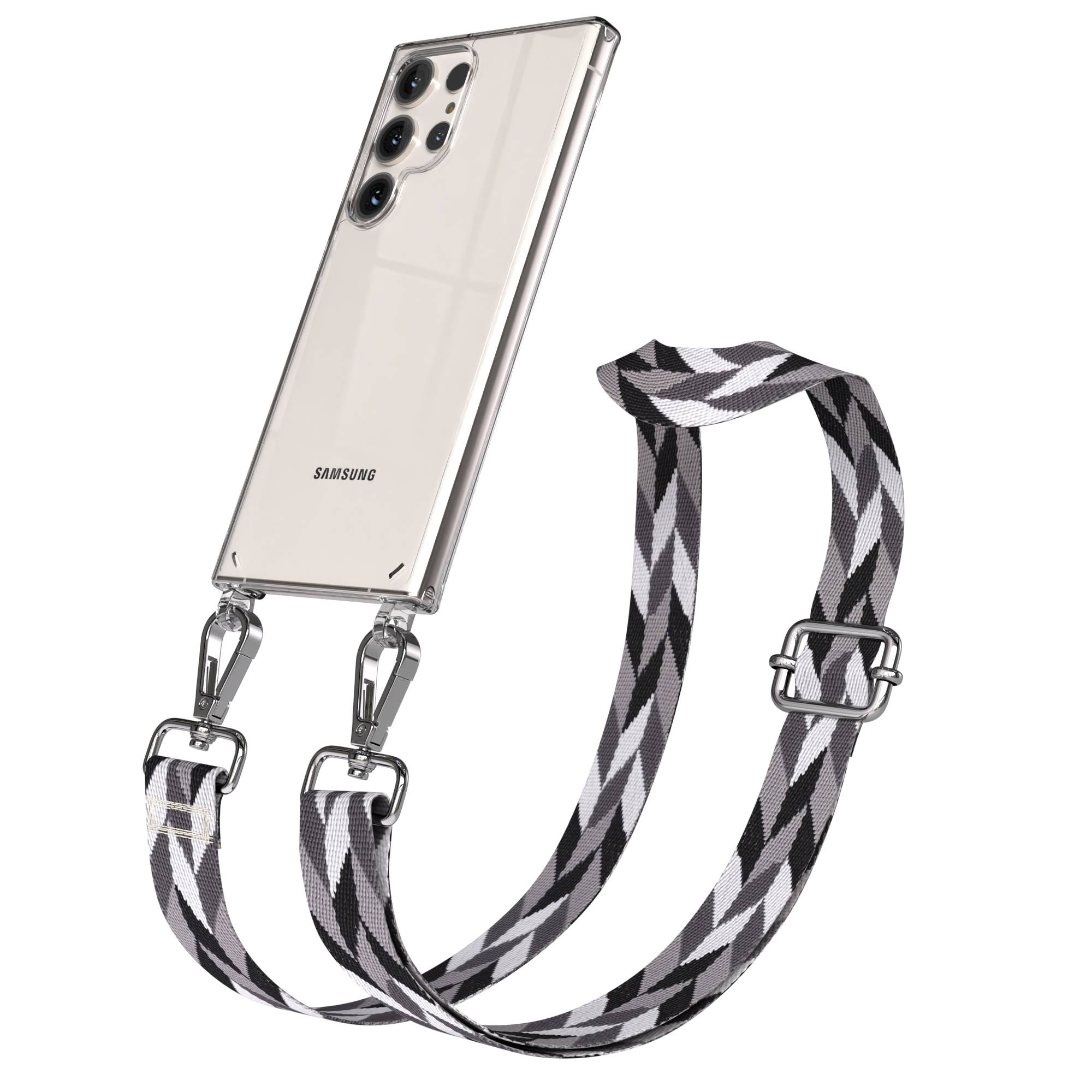 Transparentes Samsung-Handy mit Kameras und einem schwarz-grau gemusterten Lanyard.