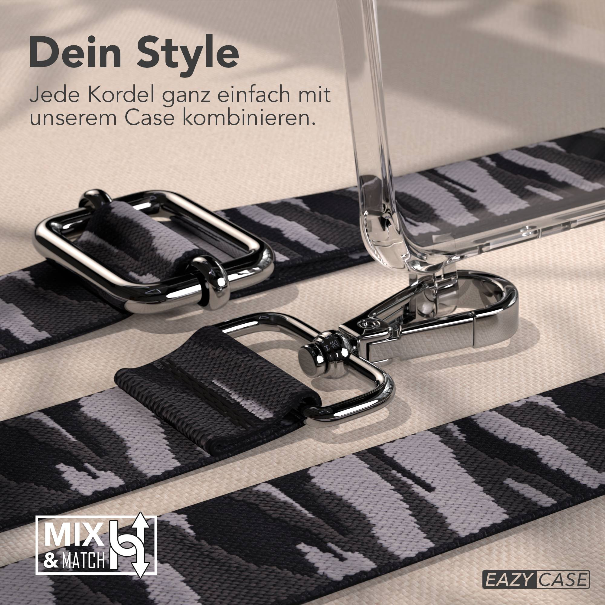 Handyband mit Camouflage-Muster und silbernen Verschlüssen, neben einer Hülle.