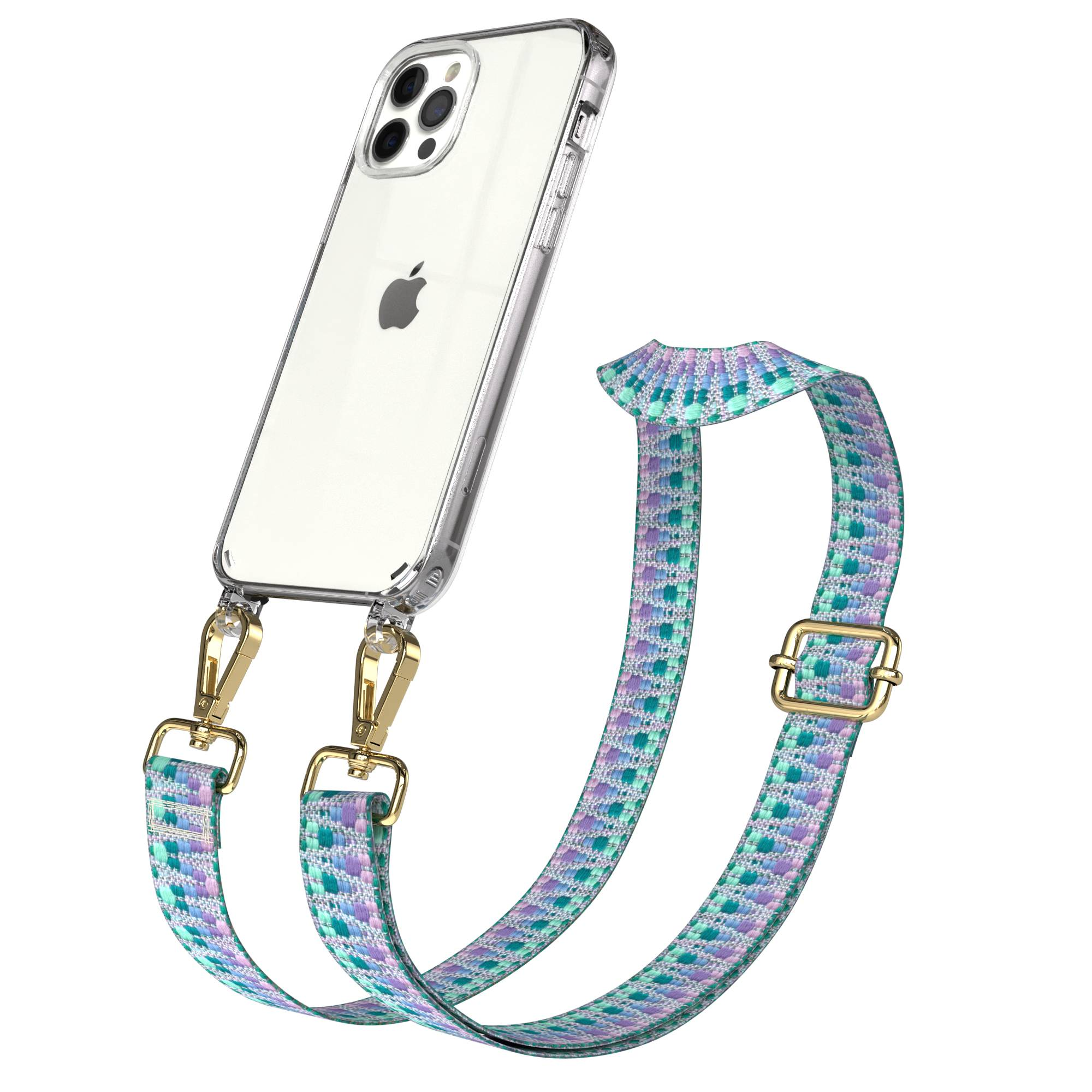 Ein transparentes iPhone-Case mit einem gemusterten Band in Lila, Blau und Grün.