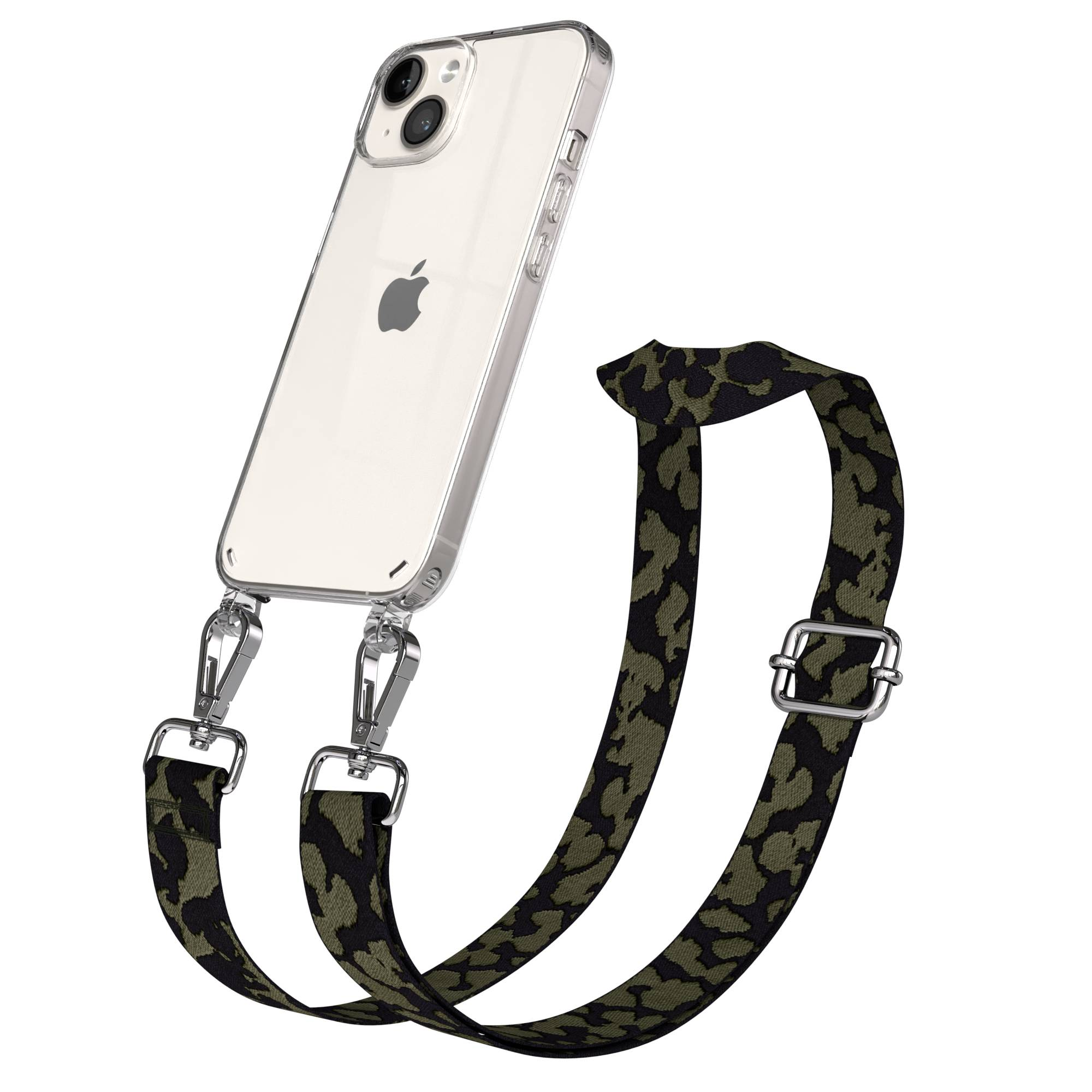 Ein durchsichtiges iPhone mit Camouflage-Lanyard