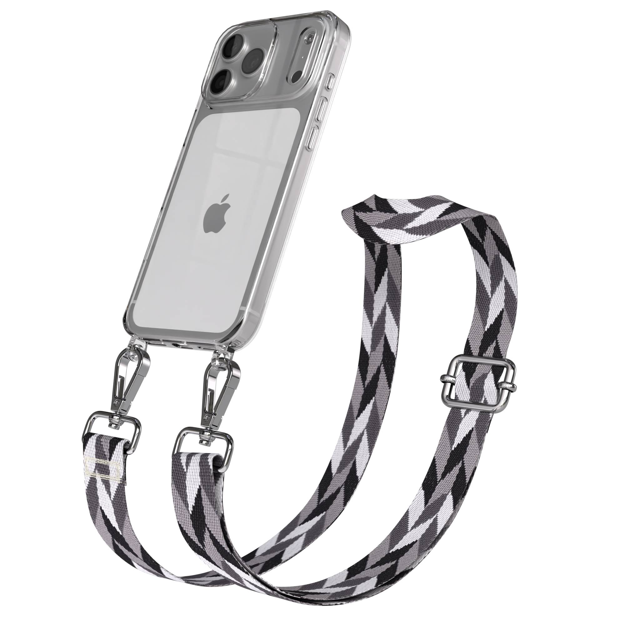Ein transparentes iPhone-Gehäuse mit einem schwarz-grau-weißen Band mit Zickzackmuster.