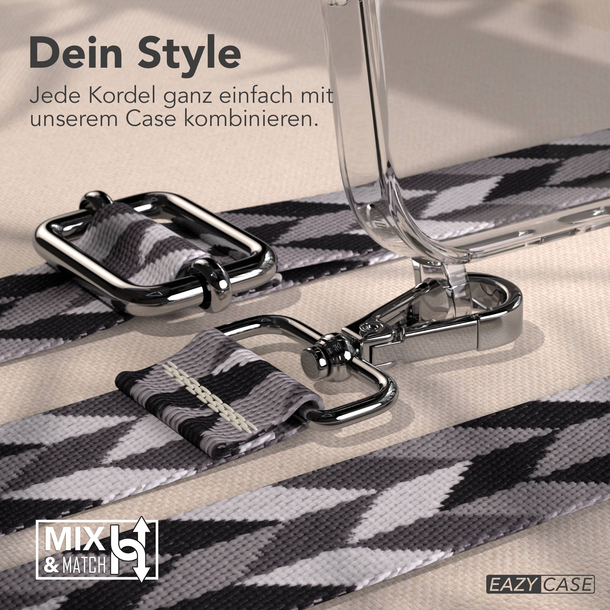 Ein transparentes Handyhülle mit einem geometrischen Band in Grau- und Schwarztönen.