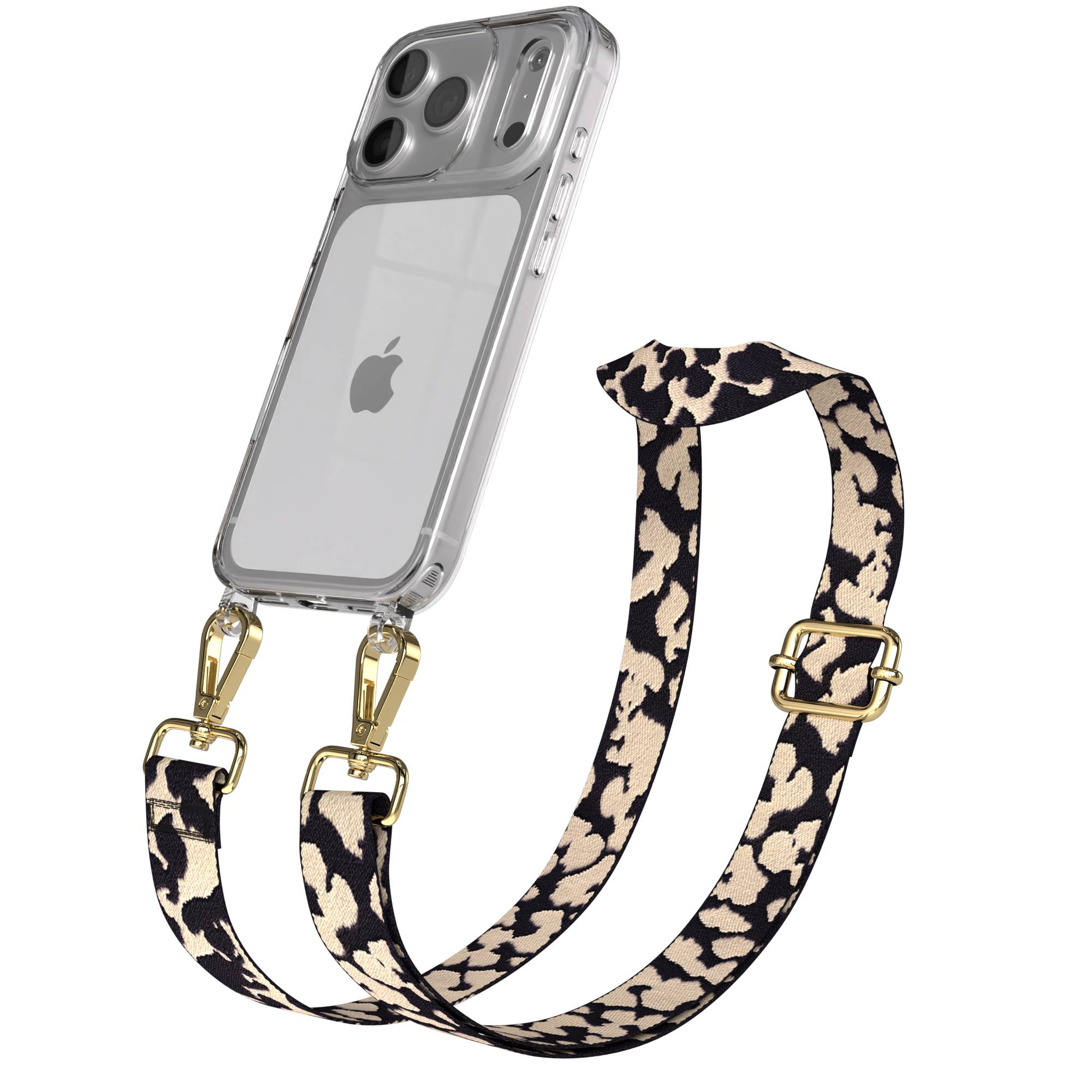 Transparente Handyhülle mit Leopardenmuster-Riemen und goldener Hardware auf weißem Grund.