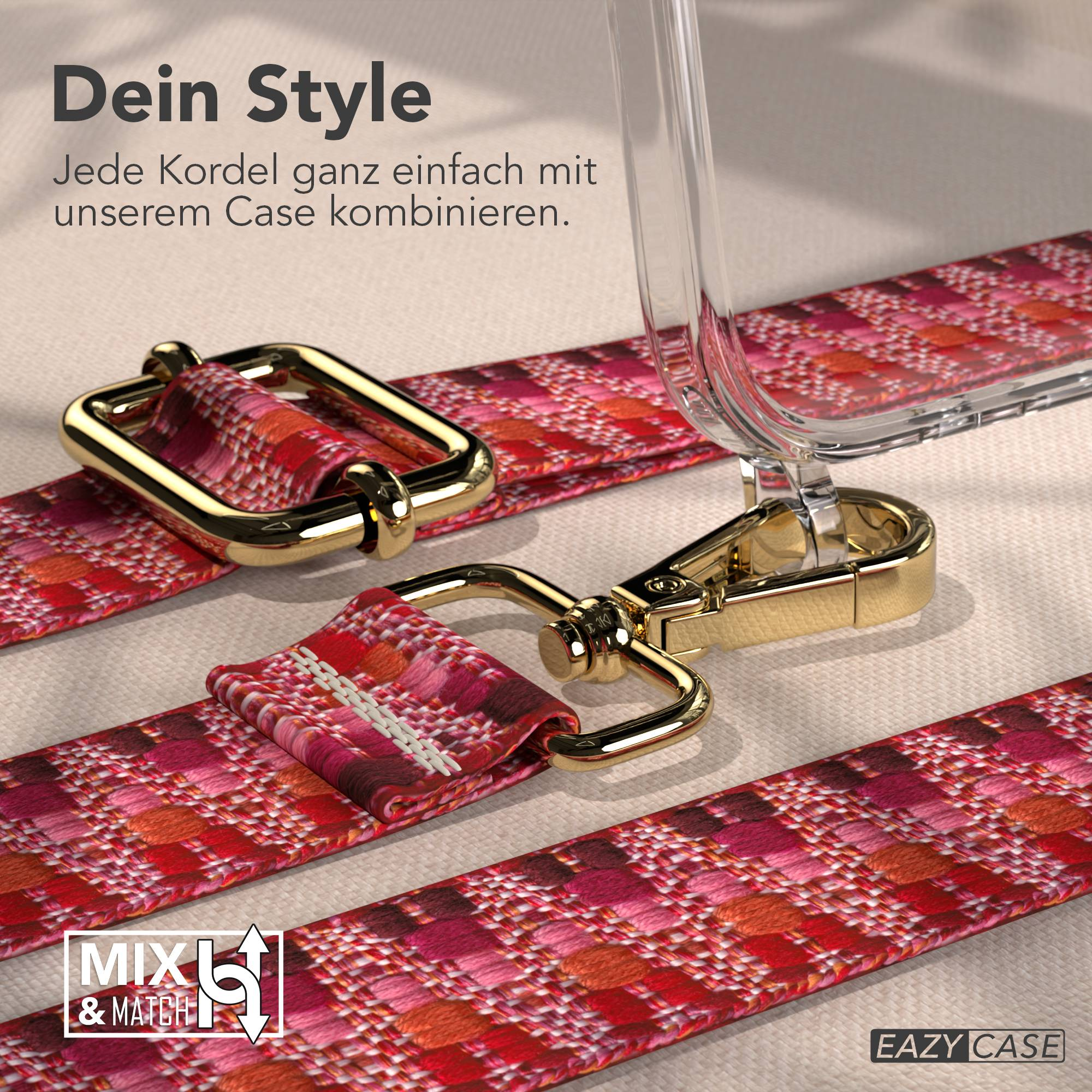 Rote Kordel mit goldenen Clips und einem durchsichtigen Handyhülle-Detail.