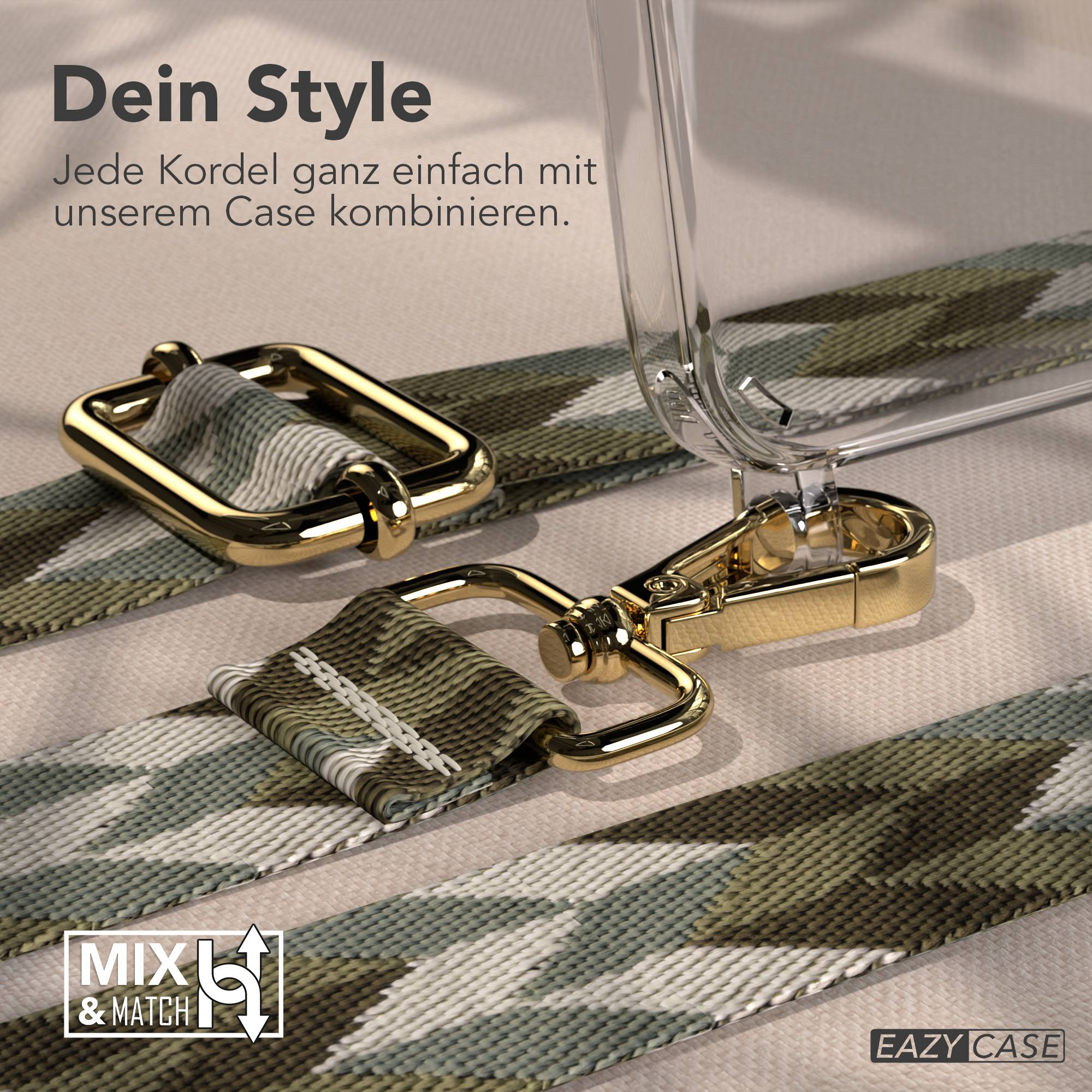 Ein Camouflage-Band mit goldenen Beschlägen und einem transparenten Handyhülle.