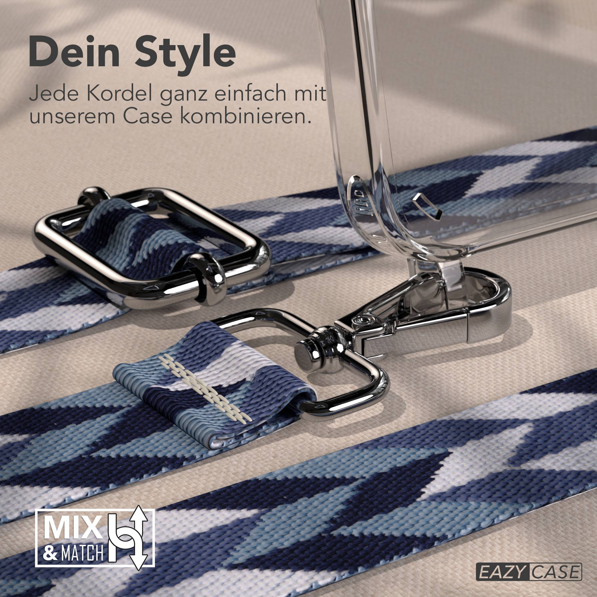 Eine durchsichtige Handyhülle mit blau gemustertem Band und silbernen Verschlüssen auf texturiertem Grund.