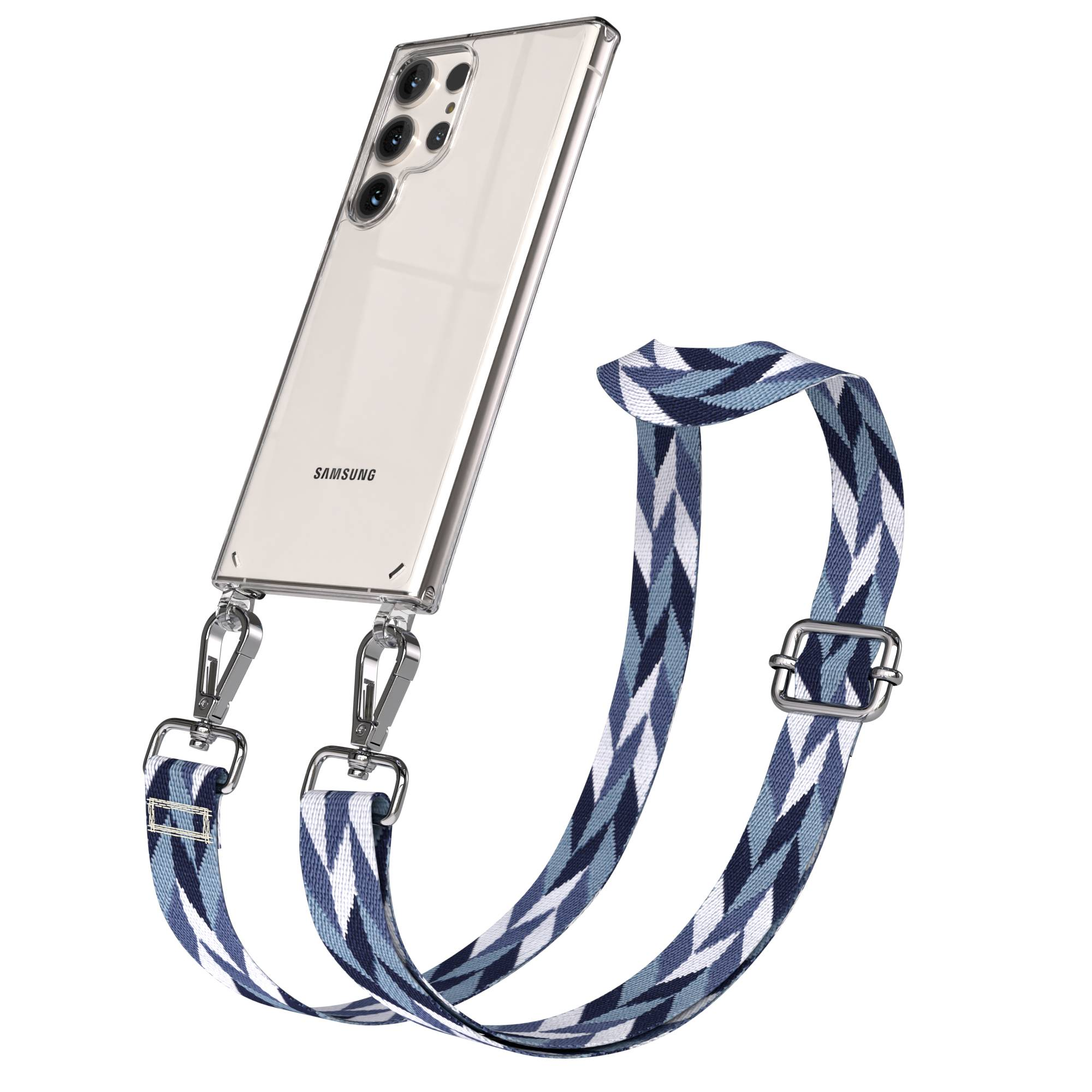 Klare Handyhülle mit Samsung-Handy und blau gemustertem Trageriemen mit silbernen Verschlüssen.