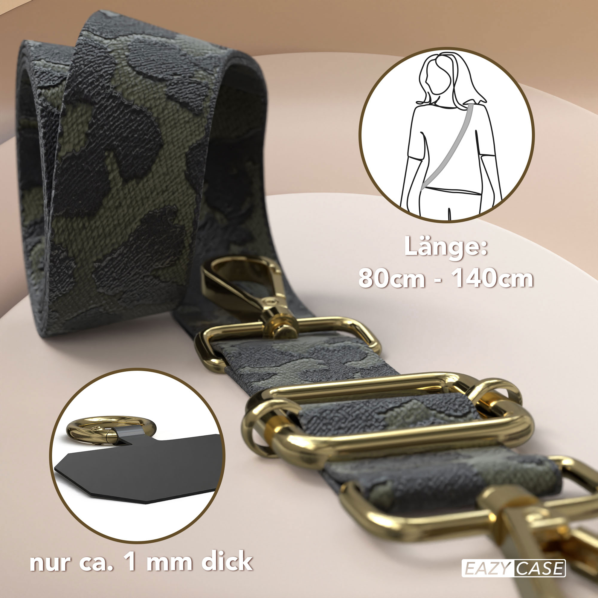 Ein dunkelgrüner Camouflage-Gurt mit goldenen Schnallen und Clips.