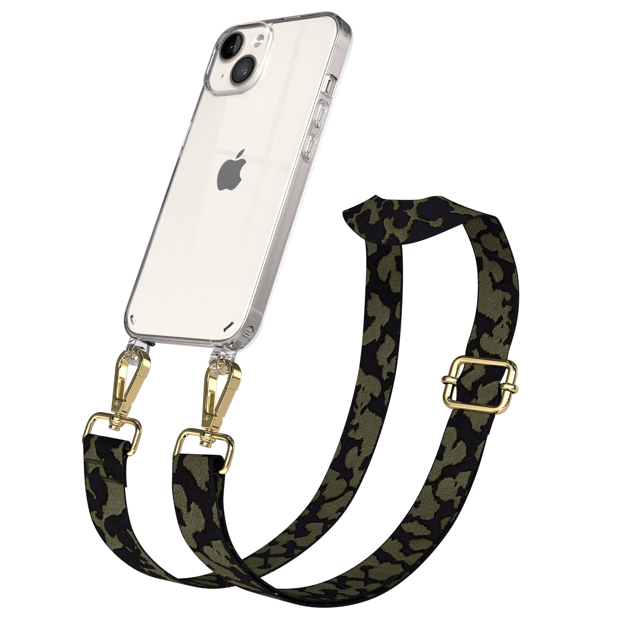 Ein transparentes iPhone mit Camouflage-Trageriemen und goldenen Schnallen.