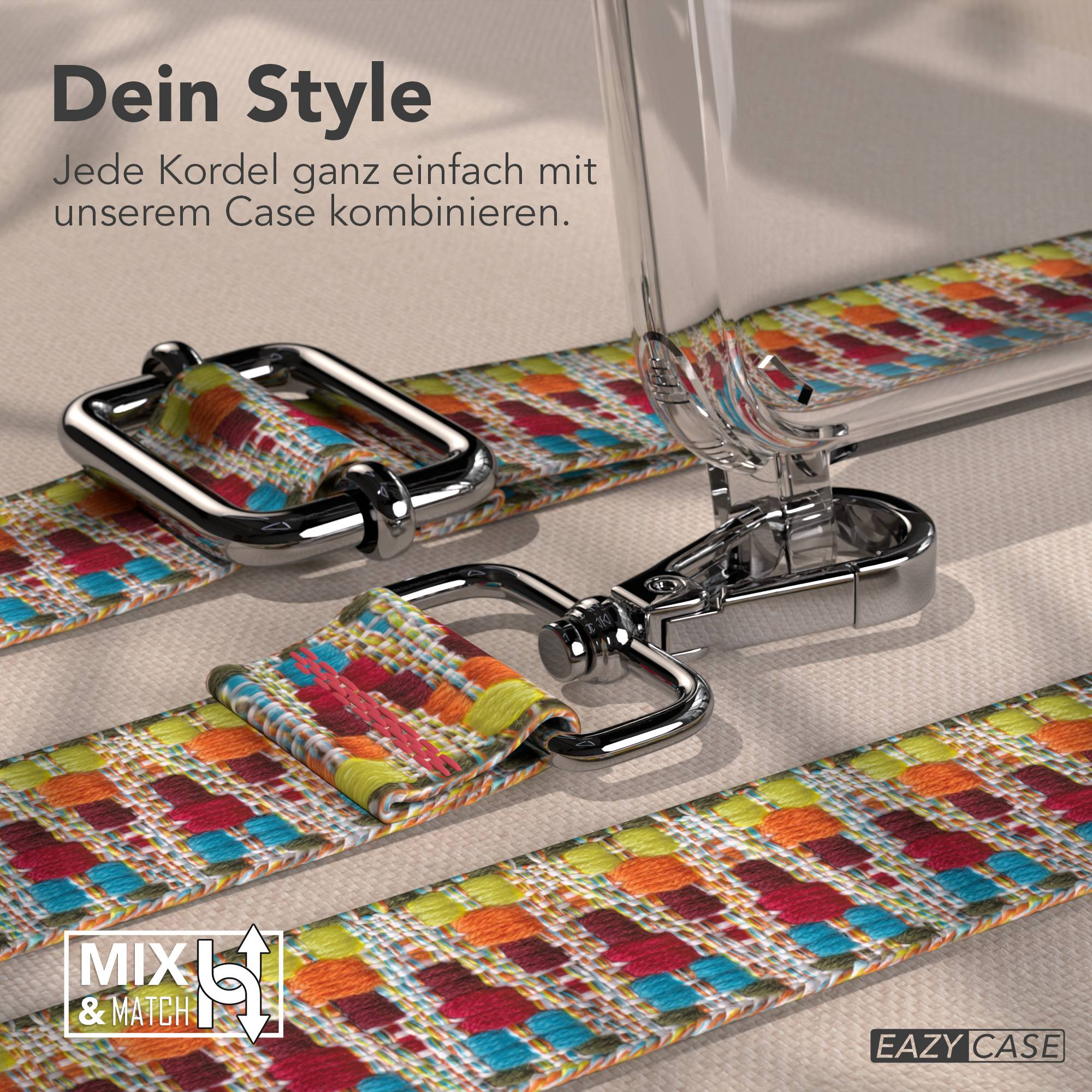 Bunte Kordel mit silbernen Haken und Schnallen, Eazy Case Logo.