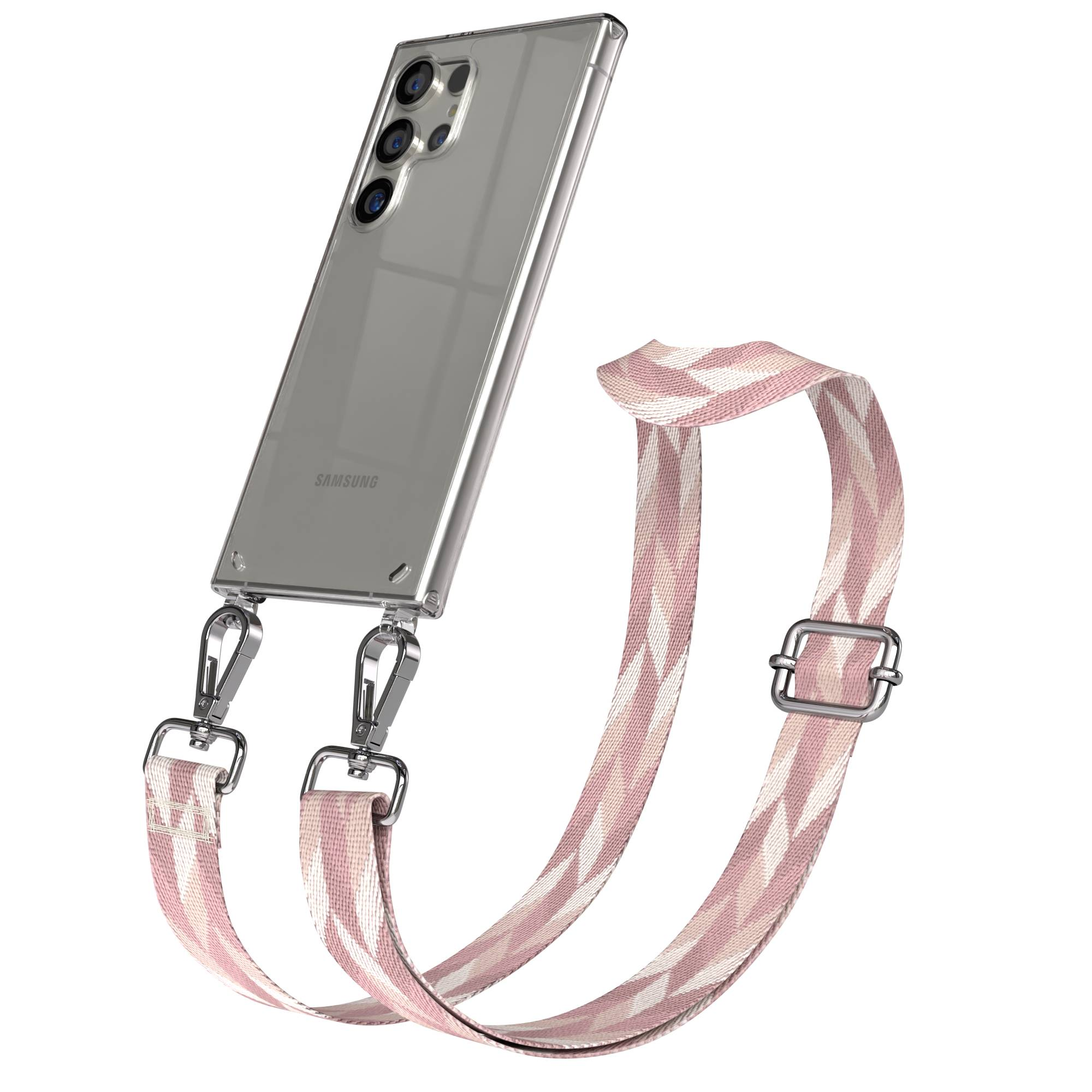 Eine durchsichtige Handyhülle mit angebrachtem pink-weiß gemustertem Band.