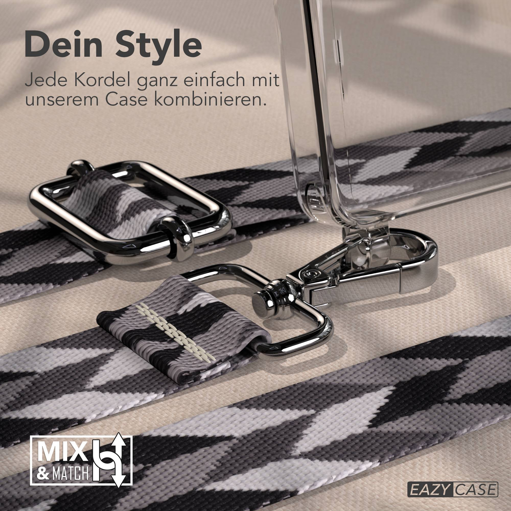 Handyhülle mit gemustertem Band und Metallverschlüssen. Text: Dein Style, MIX & MATCH, EAZY CASE.