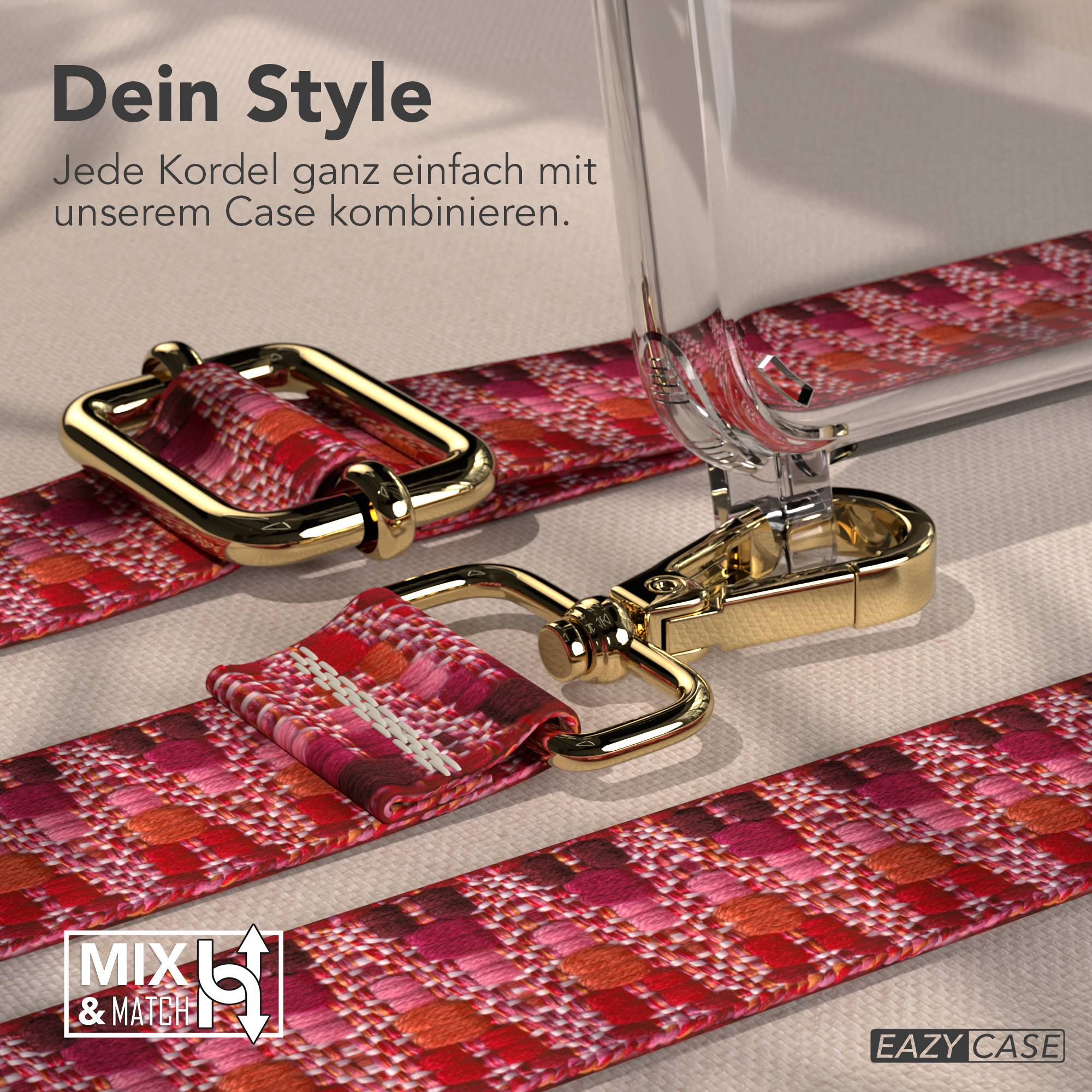Roter, gemusterter Kordel-Trageriemen mit goldenen Schnallen und einem transparenten Case.