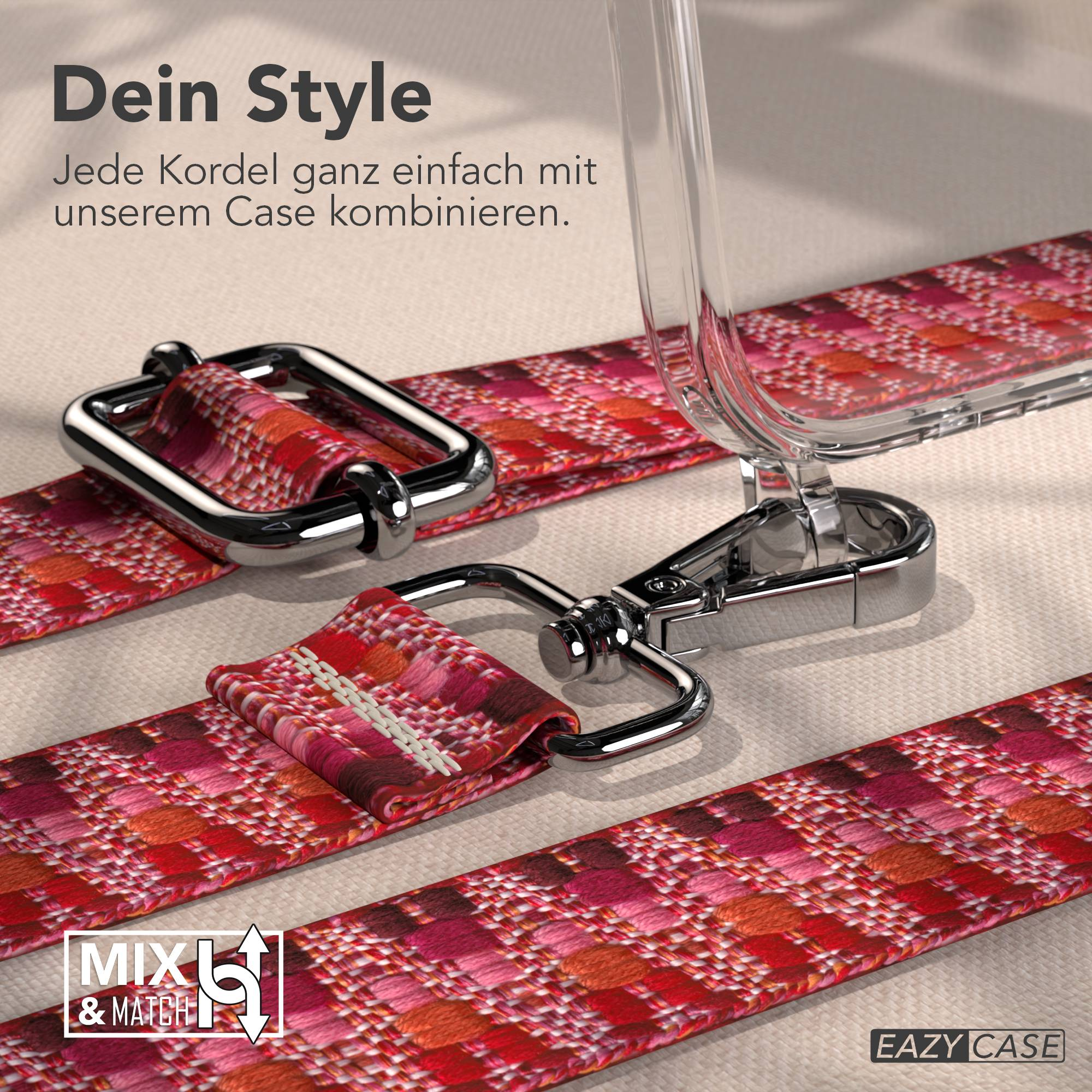 Rotes Band mit Karomuster und silbernen Schnallen, Teil einer Handyhülle.