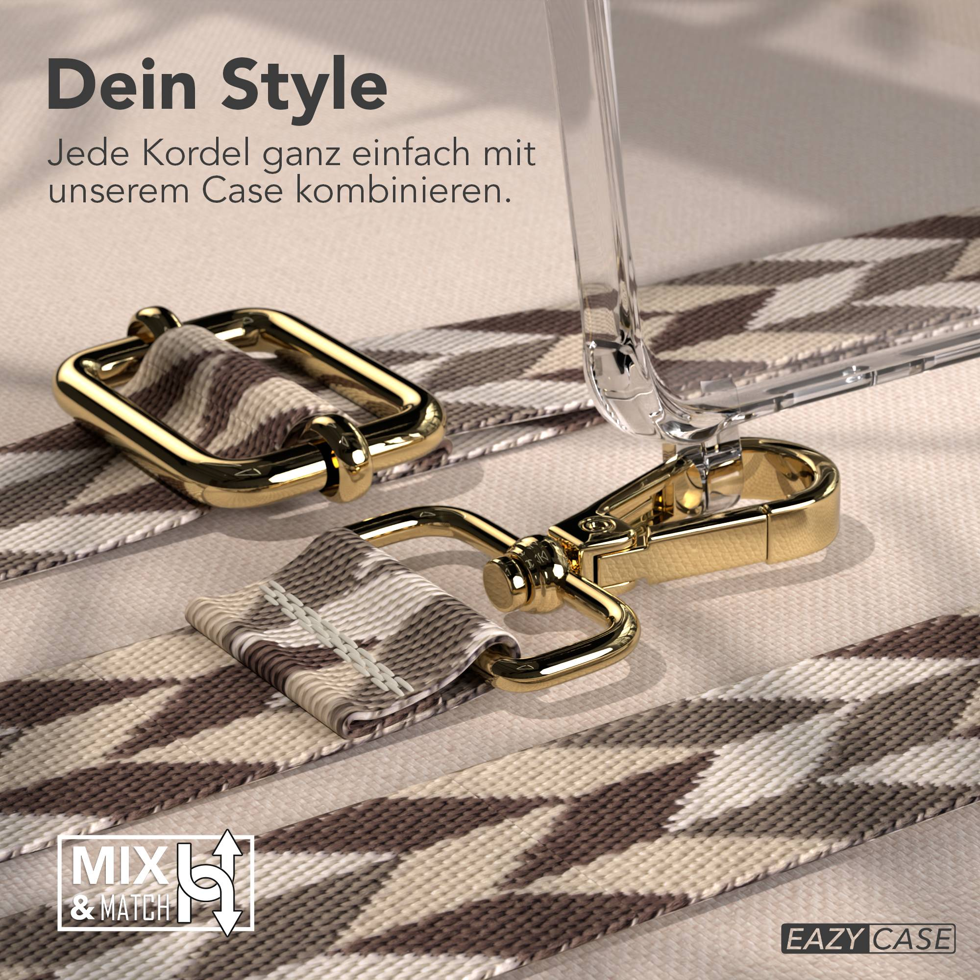 Nahaufnahme eines Handyhüllen-Riemens mit geometrischem Muster und goldener Hardware.