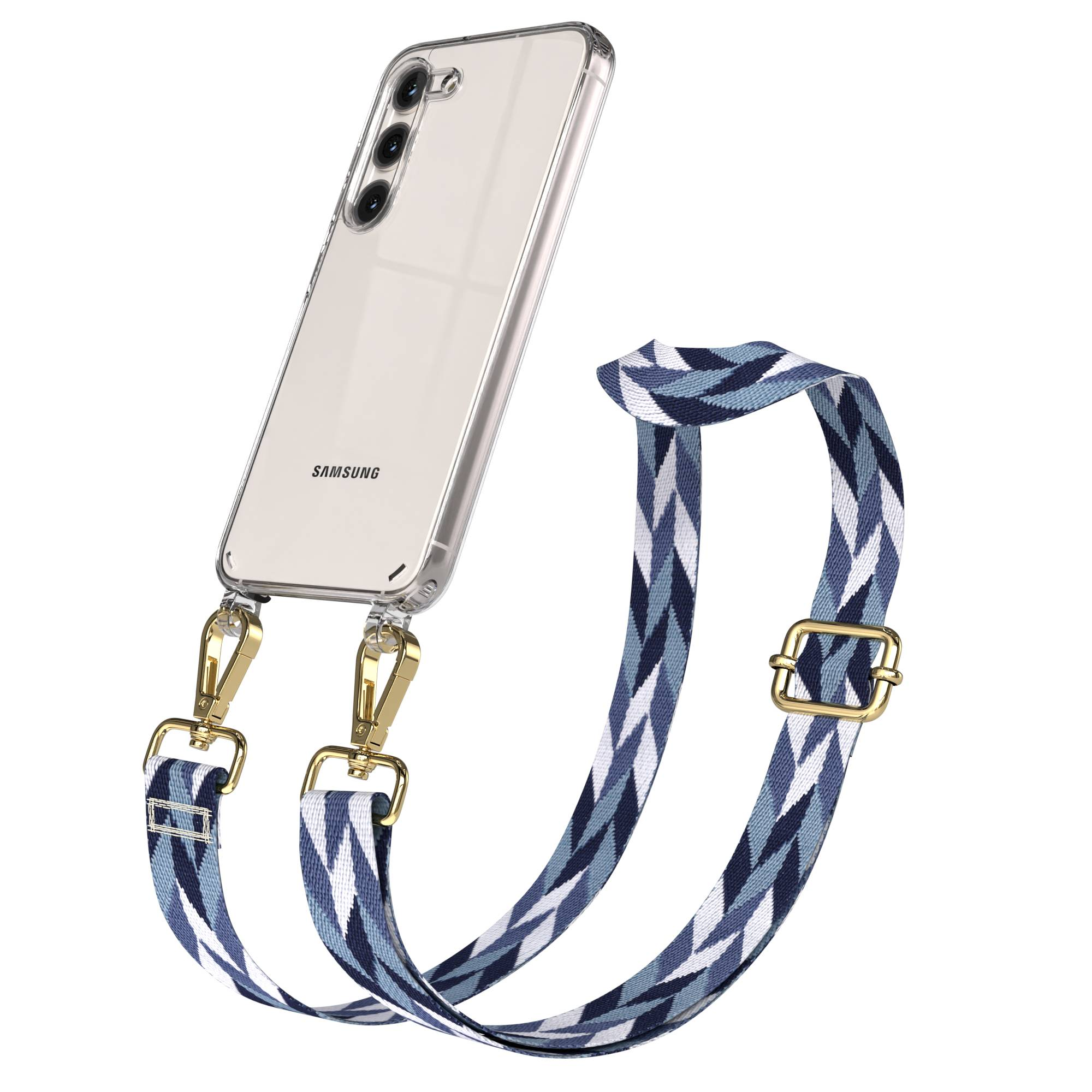 Ein transparentes Samsung Handy mit einem blauen, weißen und dunkelblauen Riemen.