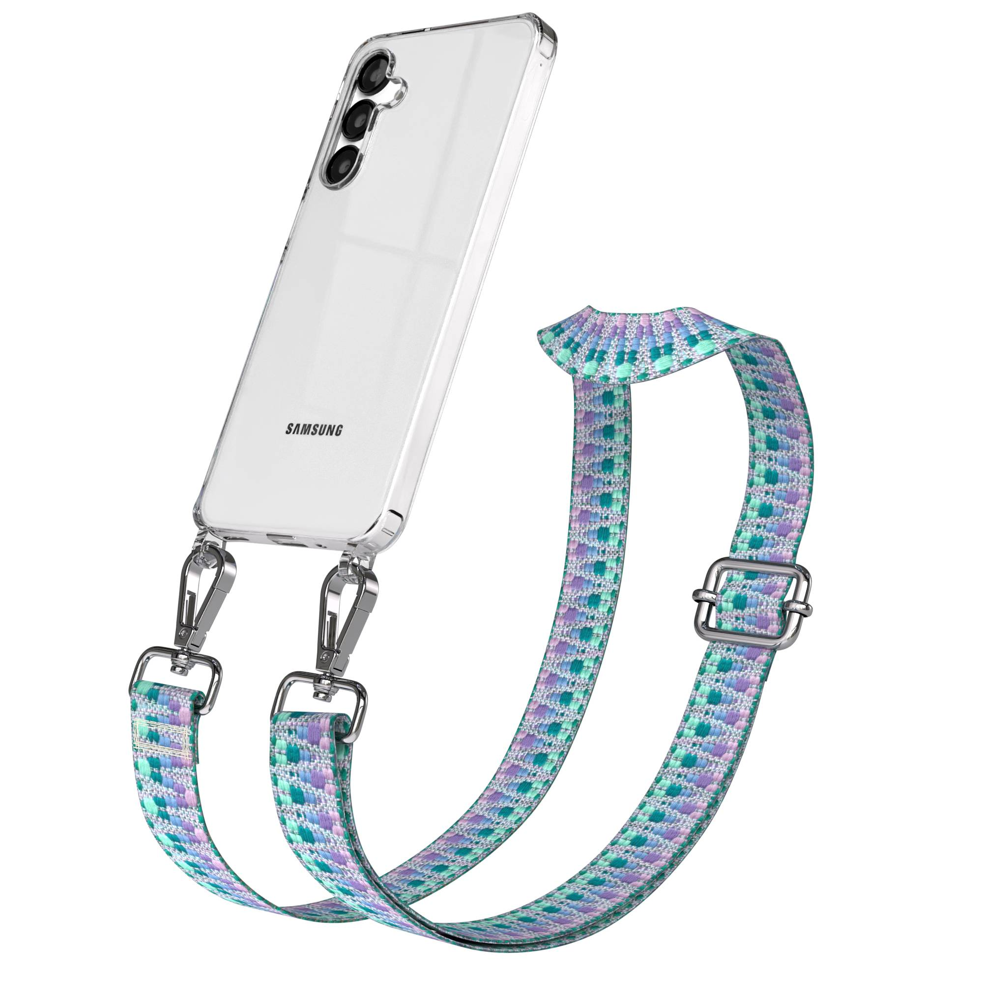 Eine durchsichtige Handyhülle mit Samsung-Logo und bunter geflochtener Handschlaufe.