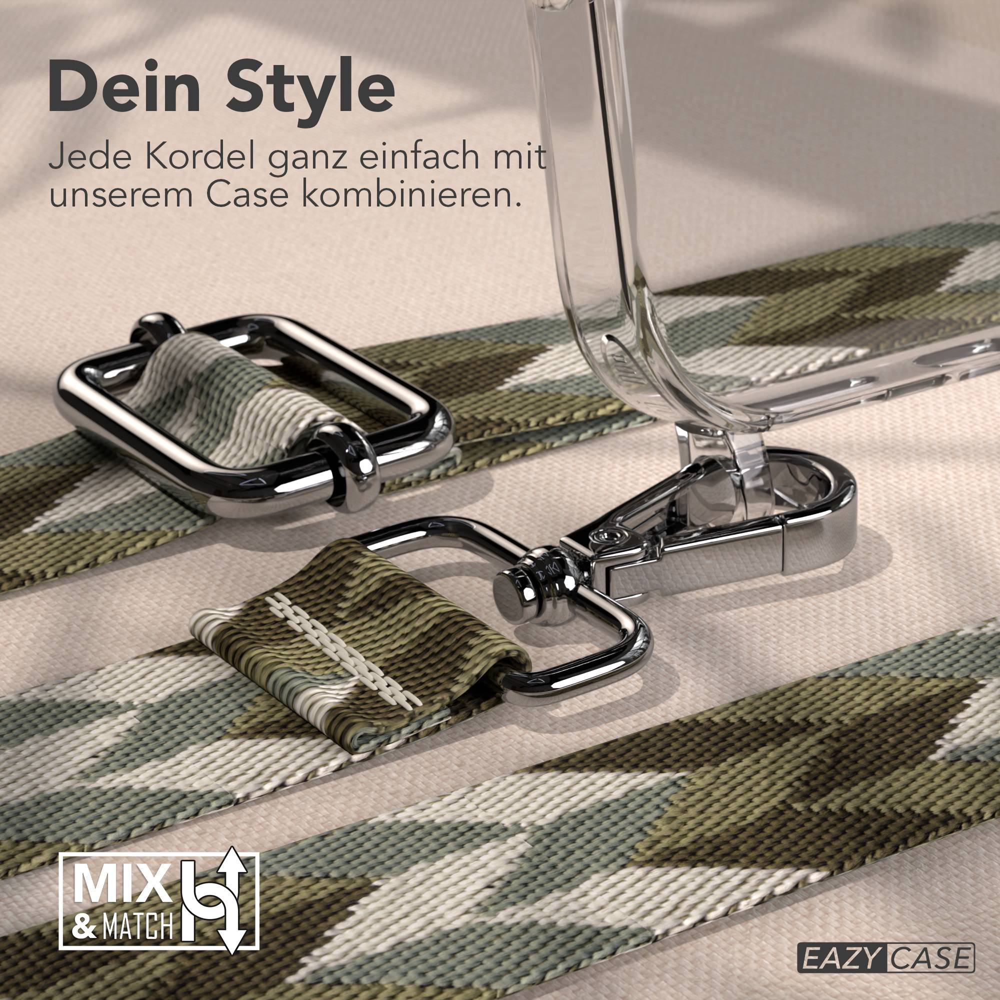 Ein camouflagefarbener Tragegurt mit silbernen Schnallen und einem transparenten Handyhülle-Detail.