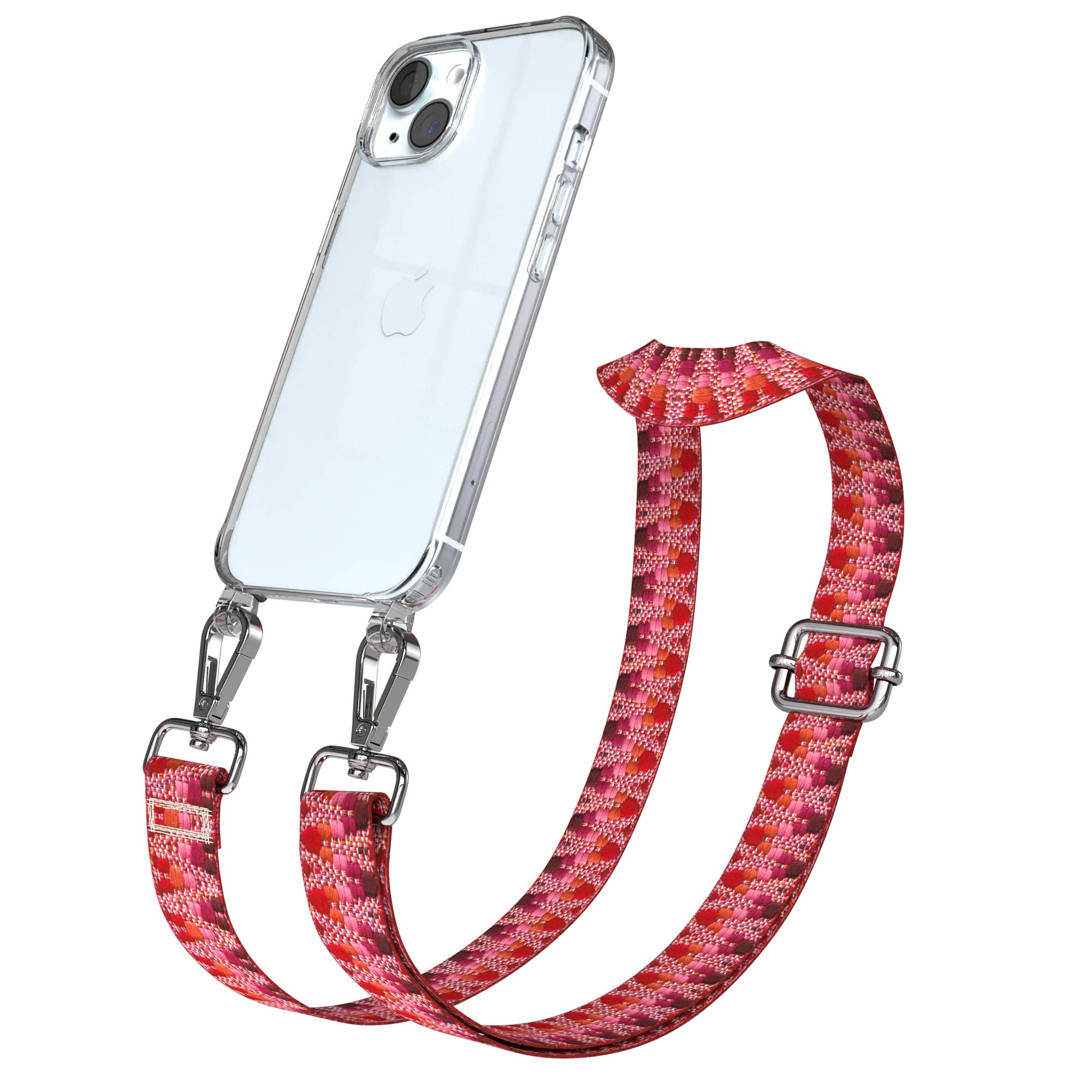 Klare Handyhülle mit gemustertem rot-pinkem Gurt, befestigt mit Silberclips.