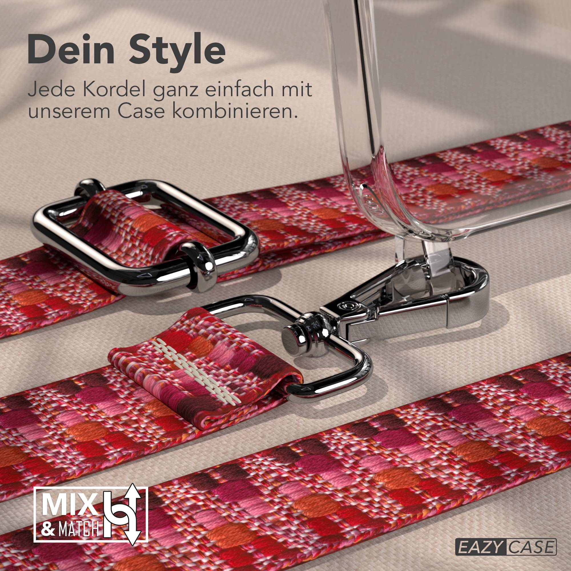 Roter, gemusterter Gurt mit silbernen Schnallen und einem durchsichtigen Handyhüllen-Element.