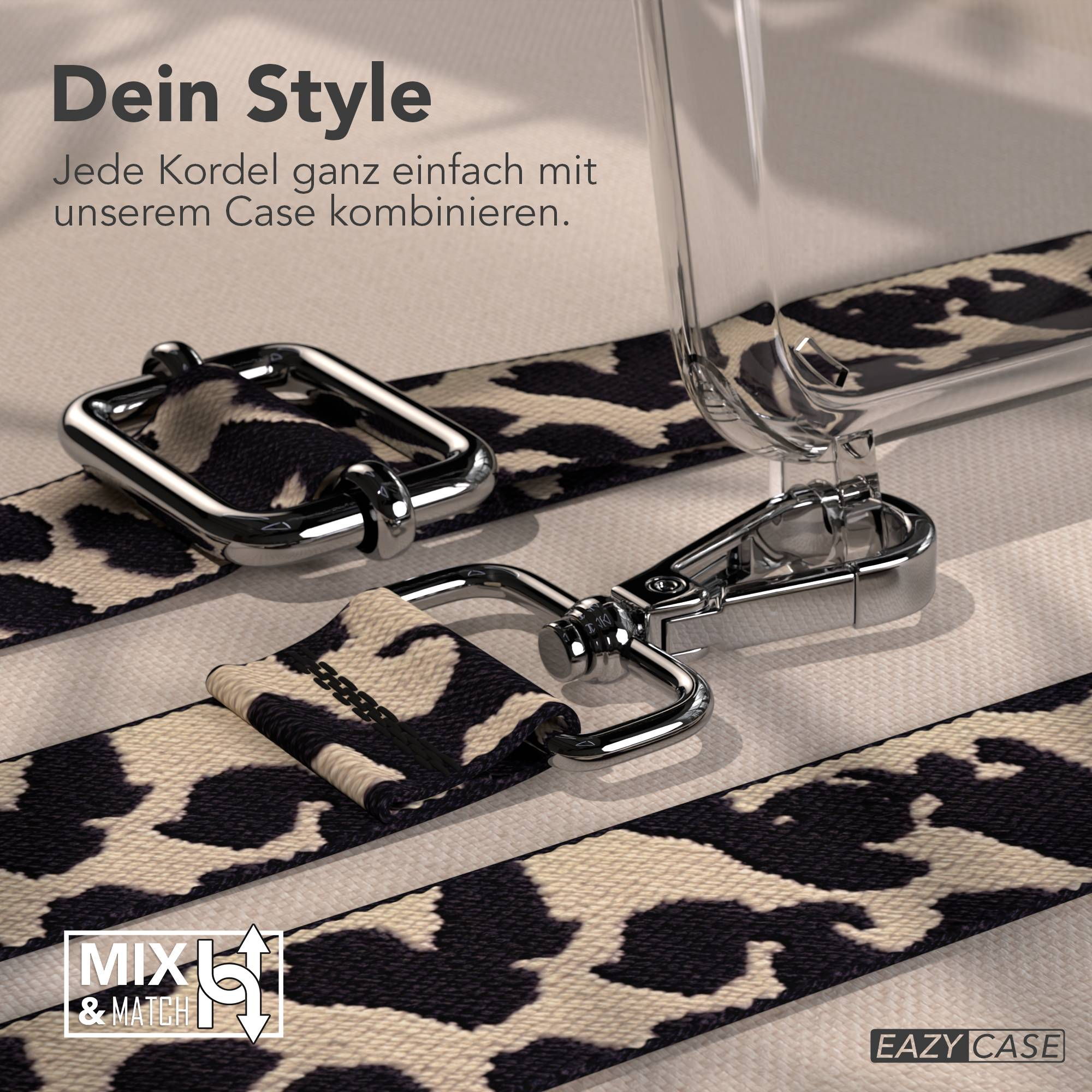 Eine klare Handyhülle mit Leo-Muster-Gurt und Metallverschlüssen.