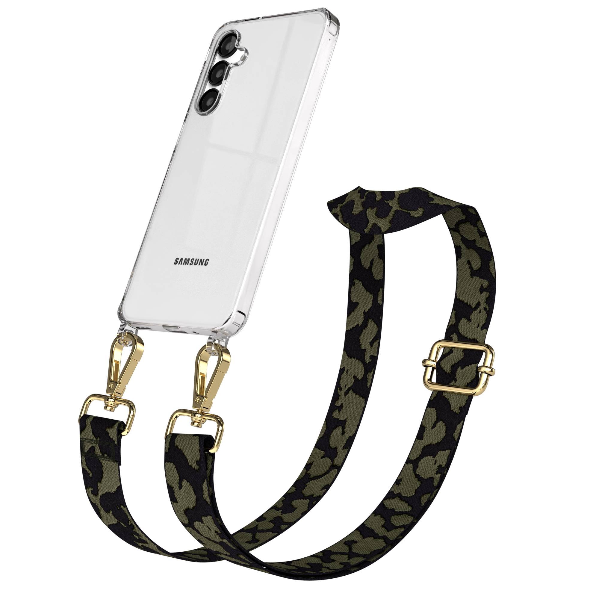 Eine durchsichtige Handyhülle mit einem Leopardenmuster-Riemen, befestigt mit goldenen Clips.