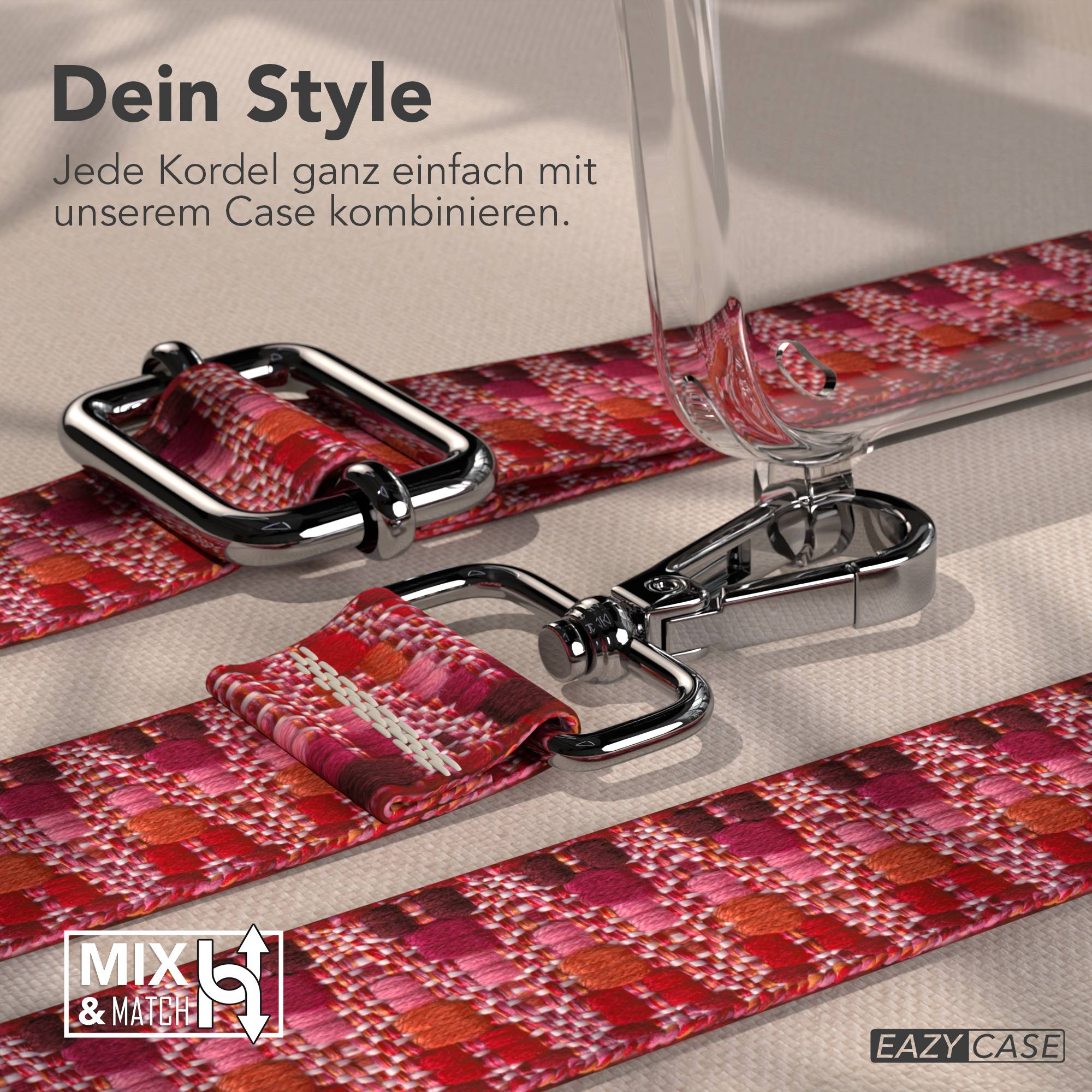 Ein rot-pink-orange gemustertes Band mit silberner Hardware und Text.