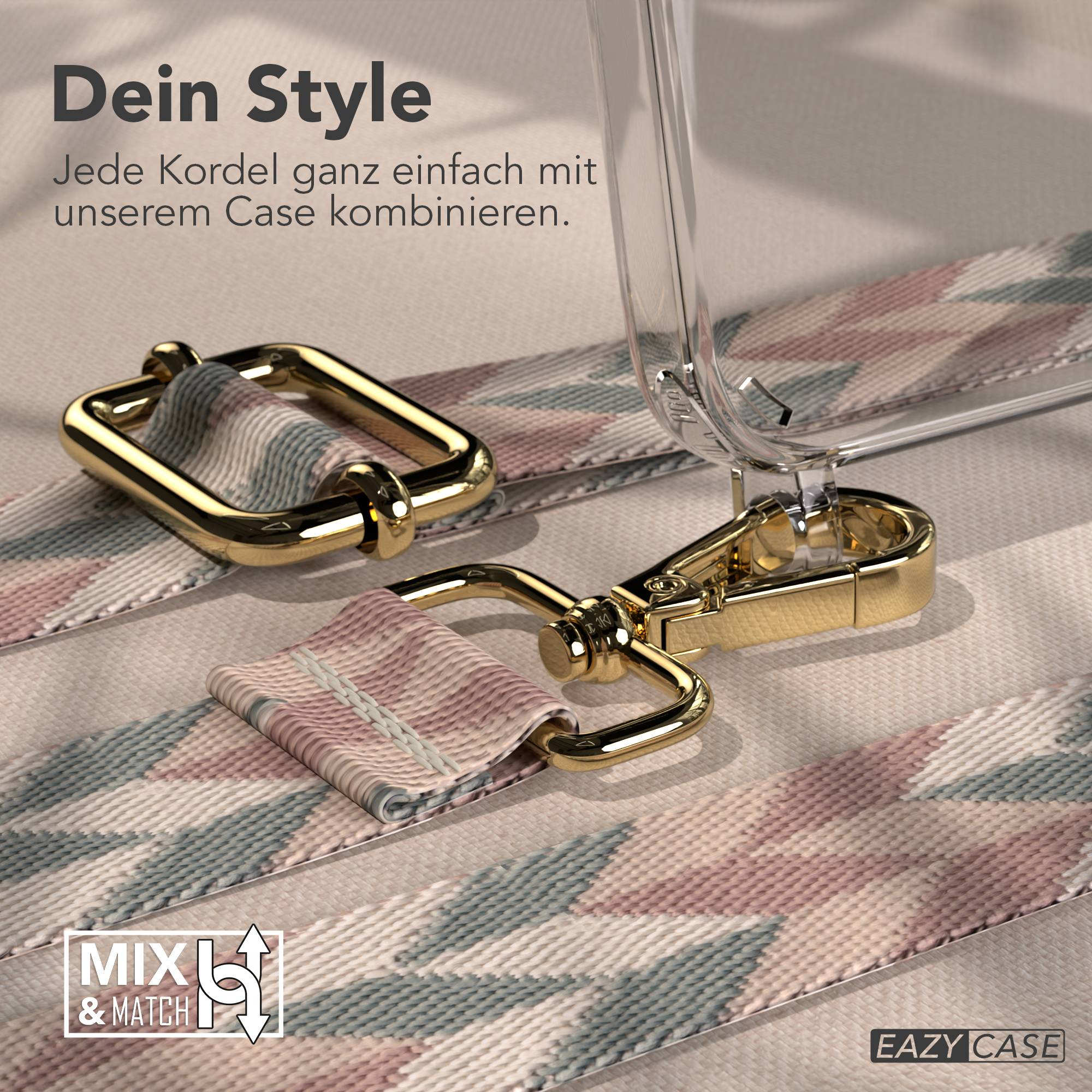 Goldene Karabiner und ein gemustertes Band mit einem transparenten Handyhülle.