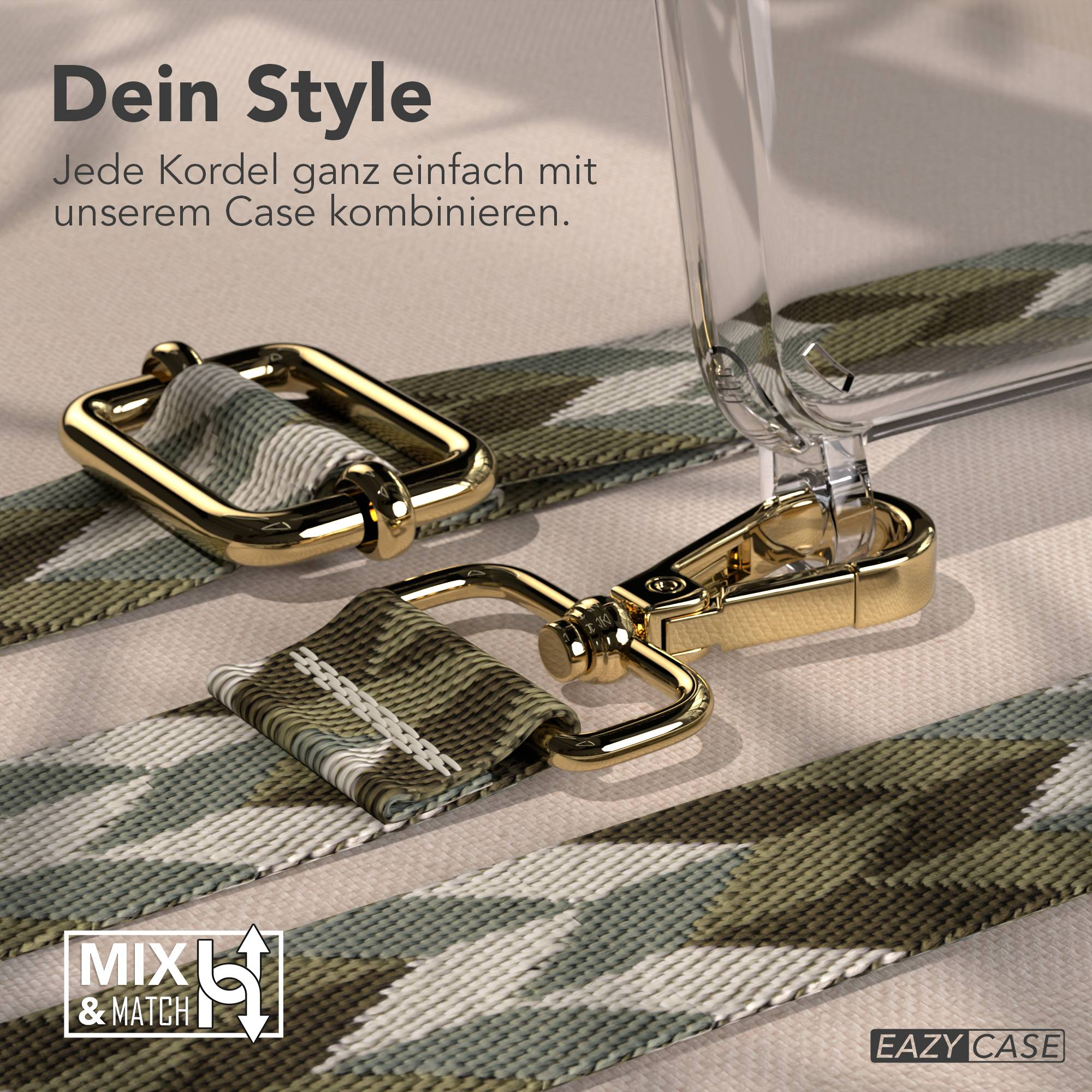 Klarhülle mit Camouflage-Band und goldenen Verschlüssen.