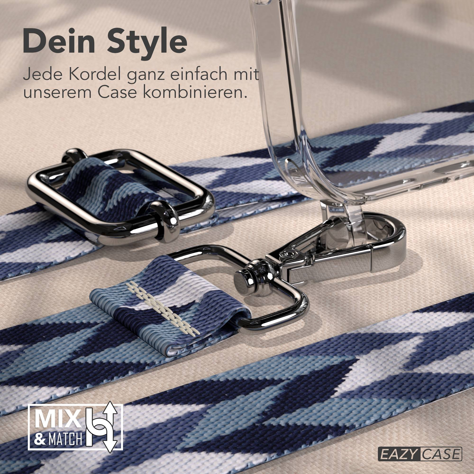 Klare Handyhülle mit blau-weiß gemustertem Riemen und Metallverschlüssen.