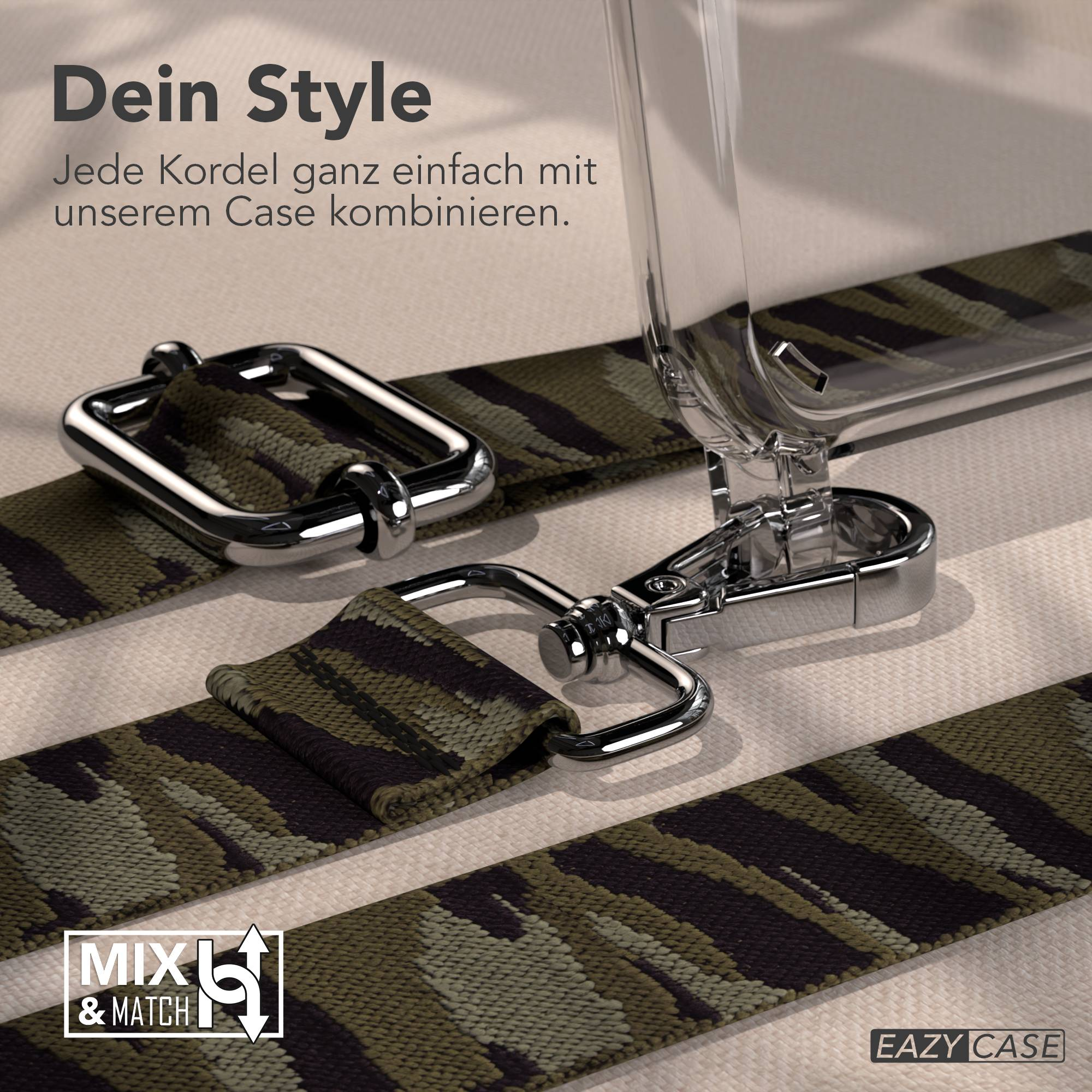 Camouflage-Muster-Schlaufe mit silbernen Metallbeschlägen und einem transparenten Gehäuse.