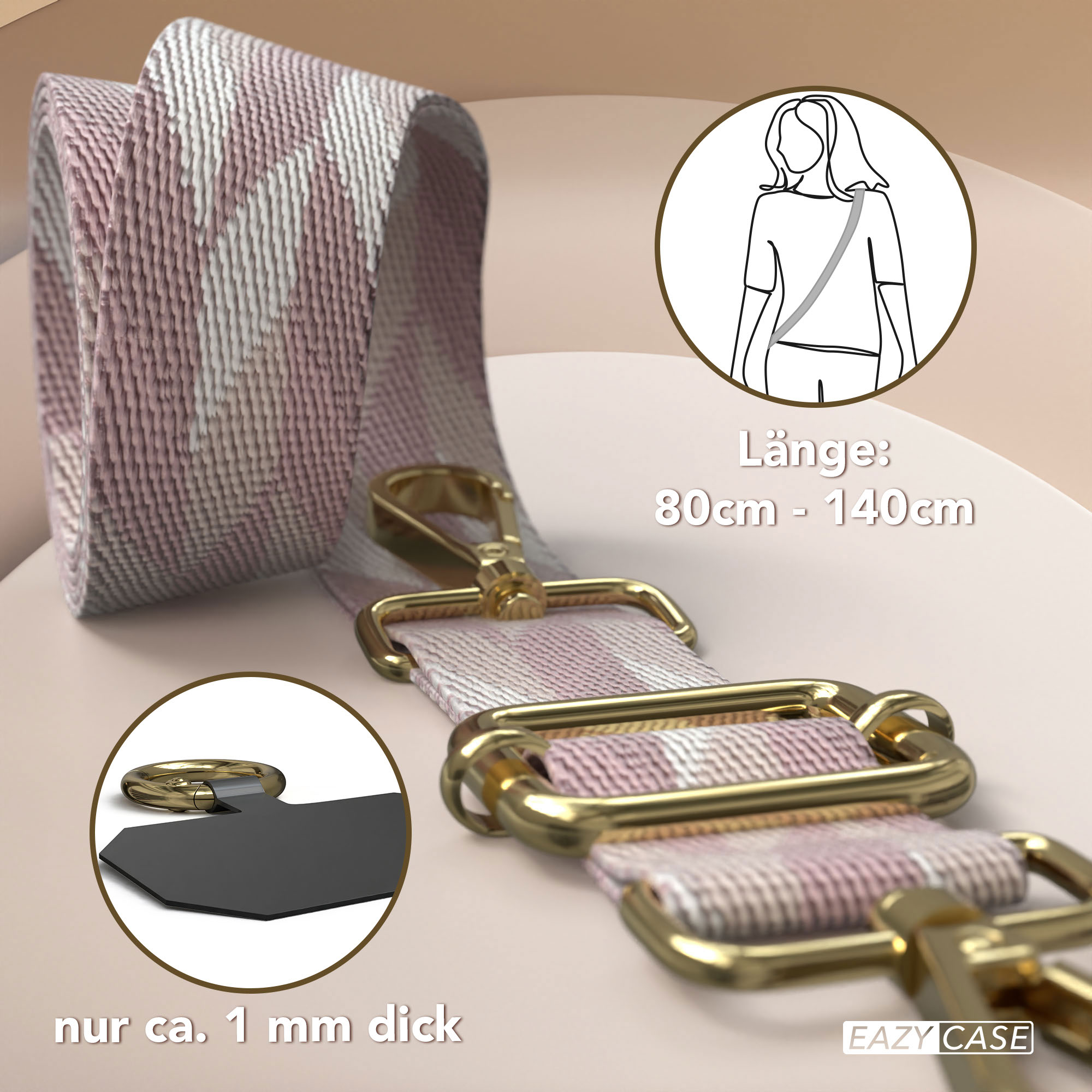 Ein rosa-weißer Gurt mit goldenen Beschlägen und einer Längenanzeige.