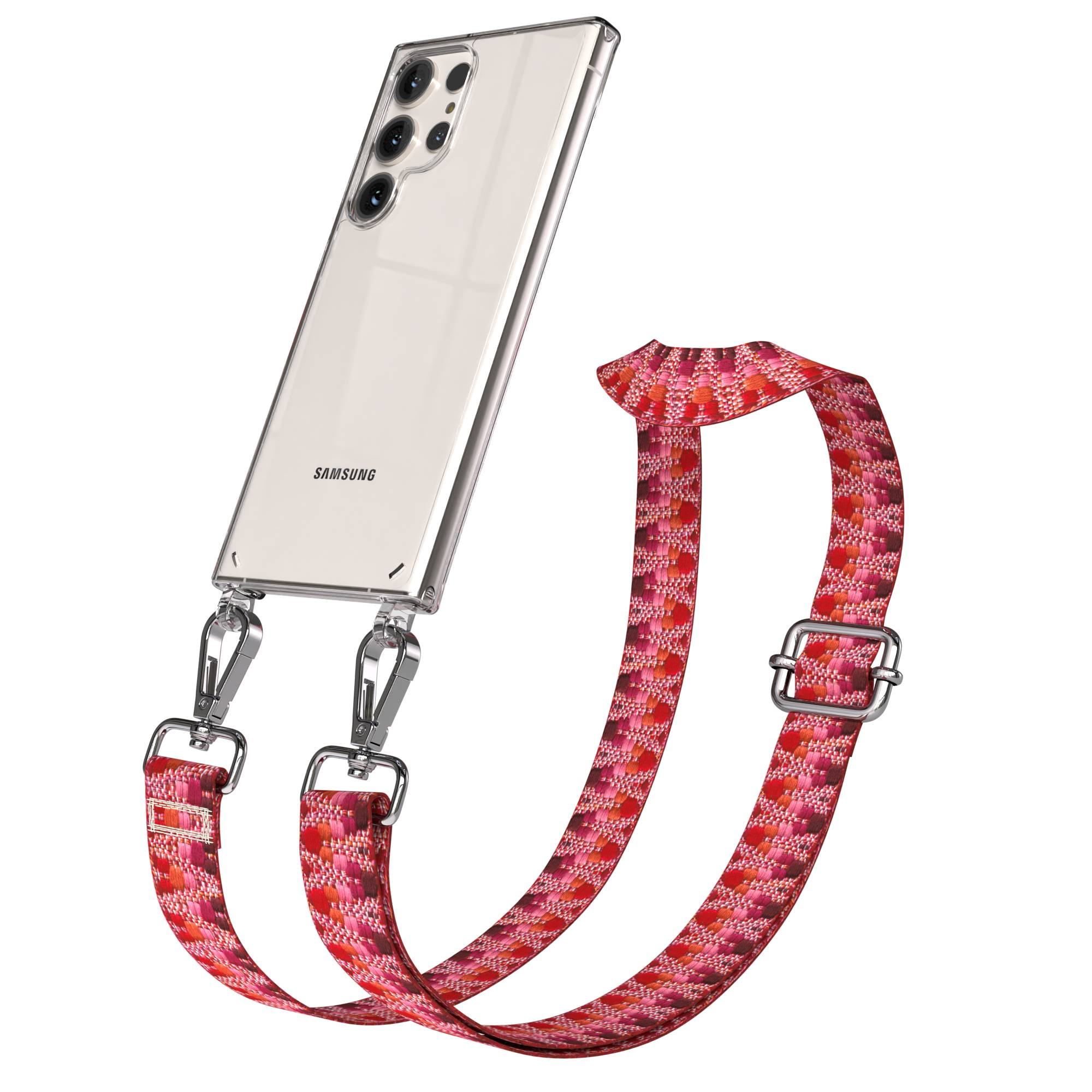 Eine durchsichtige Handyhülle mit einem rot-pink gemusterten Gurt und silbernen Verschlüssen.