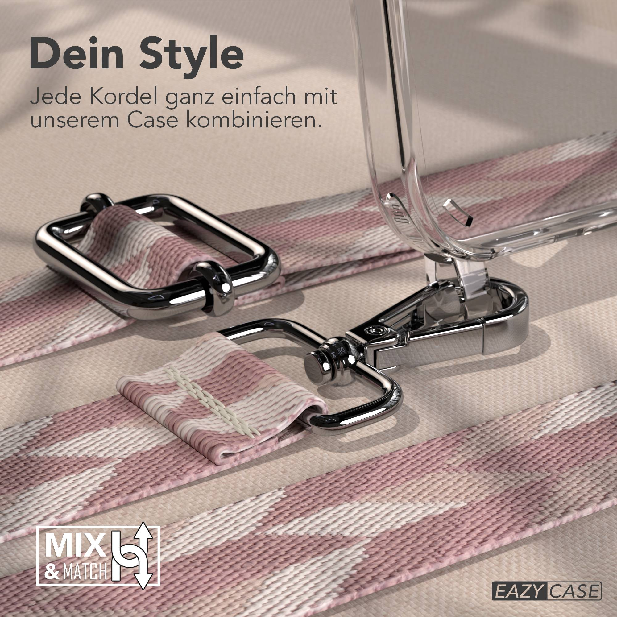 Eine durchsichtige Handyhülle mit einem rosa-weiß gemusterten Band und silberner Hardware.